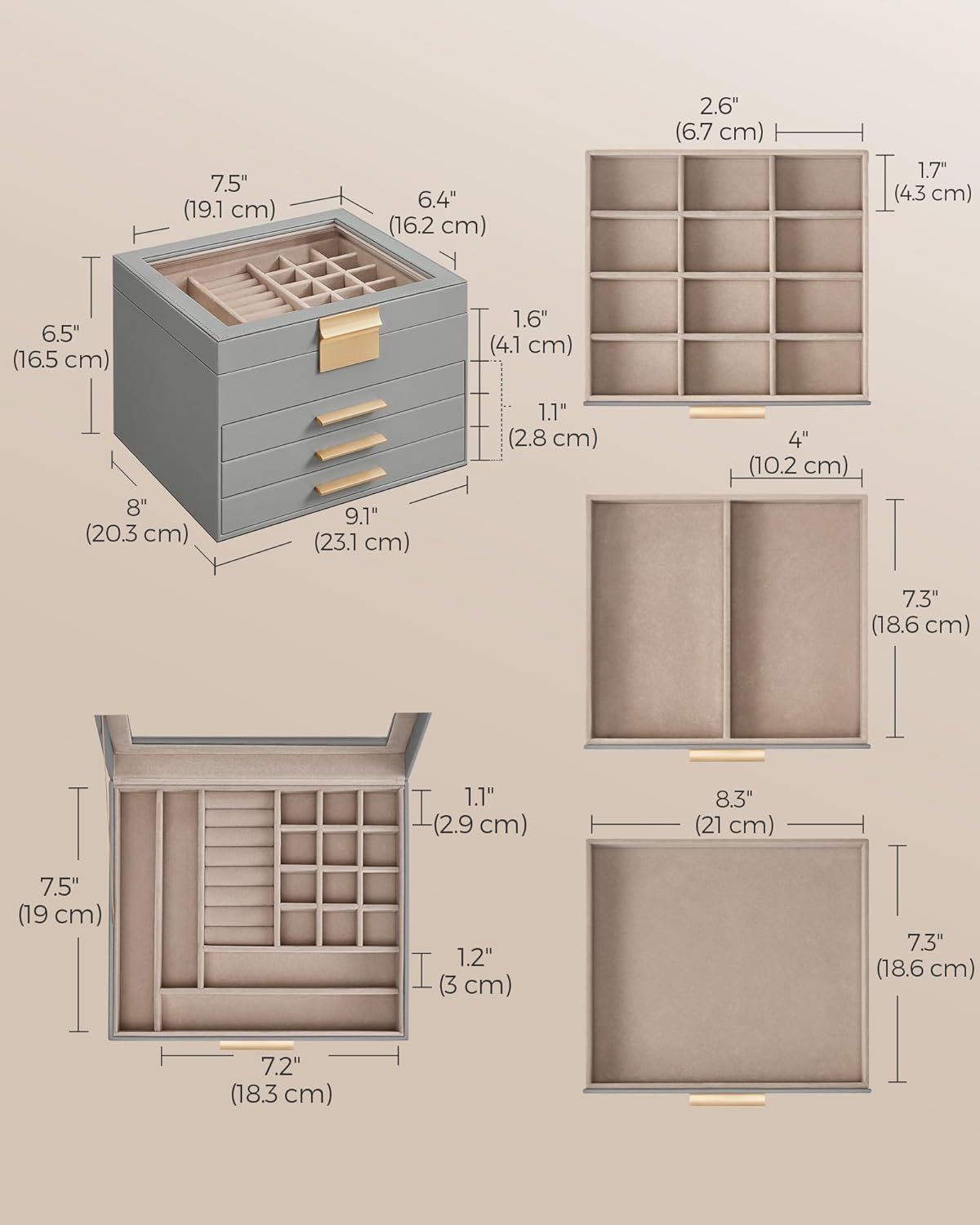 SONGMICS Jewelry Box Organizer with Glass Lid, 4-Layer Jewelry Storage, with 3 Drawers, Modern Style, Christmas Gift, 8 x 9.1 x 6.5 Inches, Dove Gray and Gold Color UJBC173G01