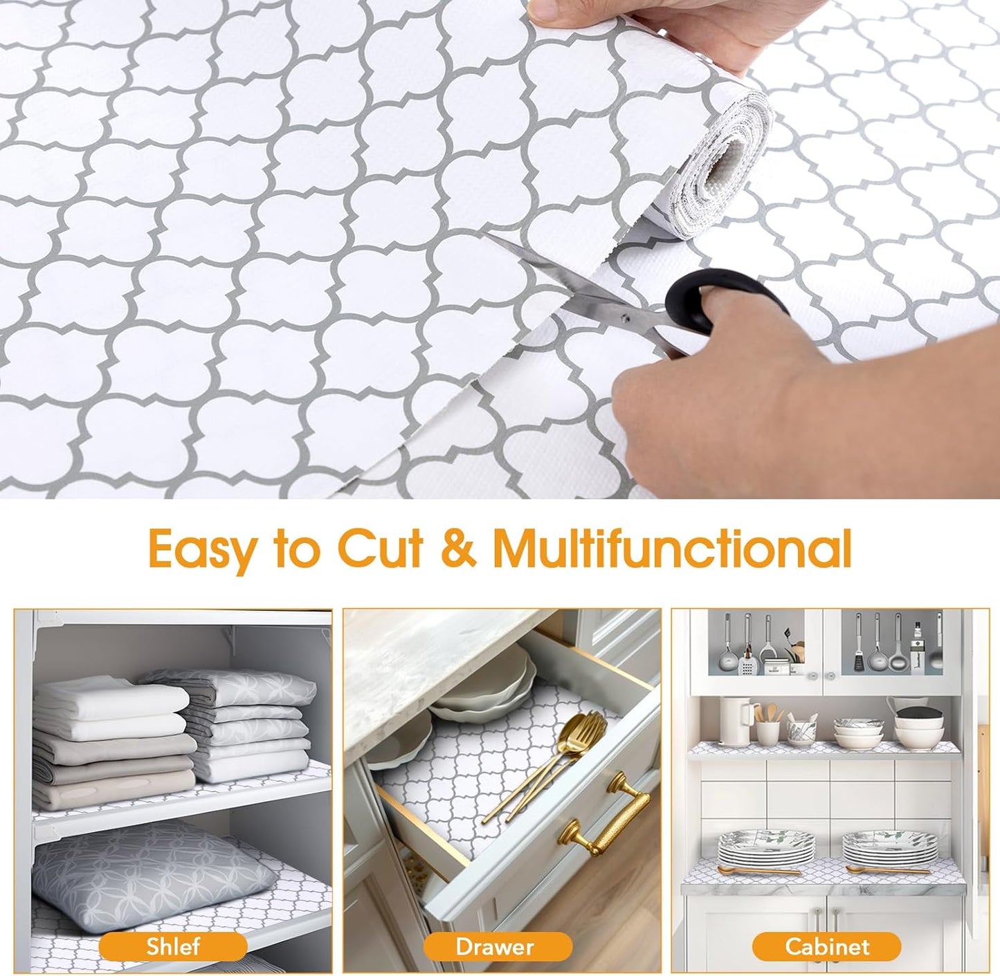 Shelf and Drawer Liner for Kitchen Cabinets Non-Adhesive, Strong Grip Non-Slip Thickened Cabinet Liners for Shelves, Waterproof Mats for Dresser Cupboard, White/Gray, 12 in x 30 Feet