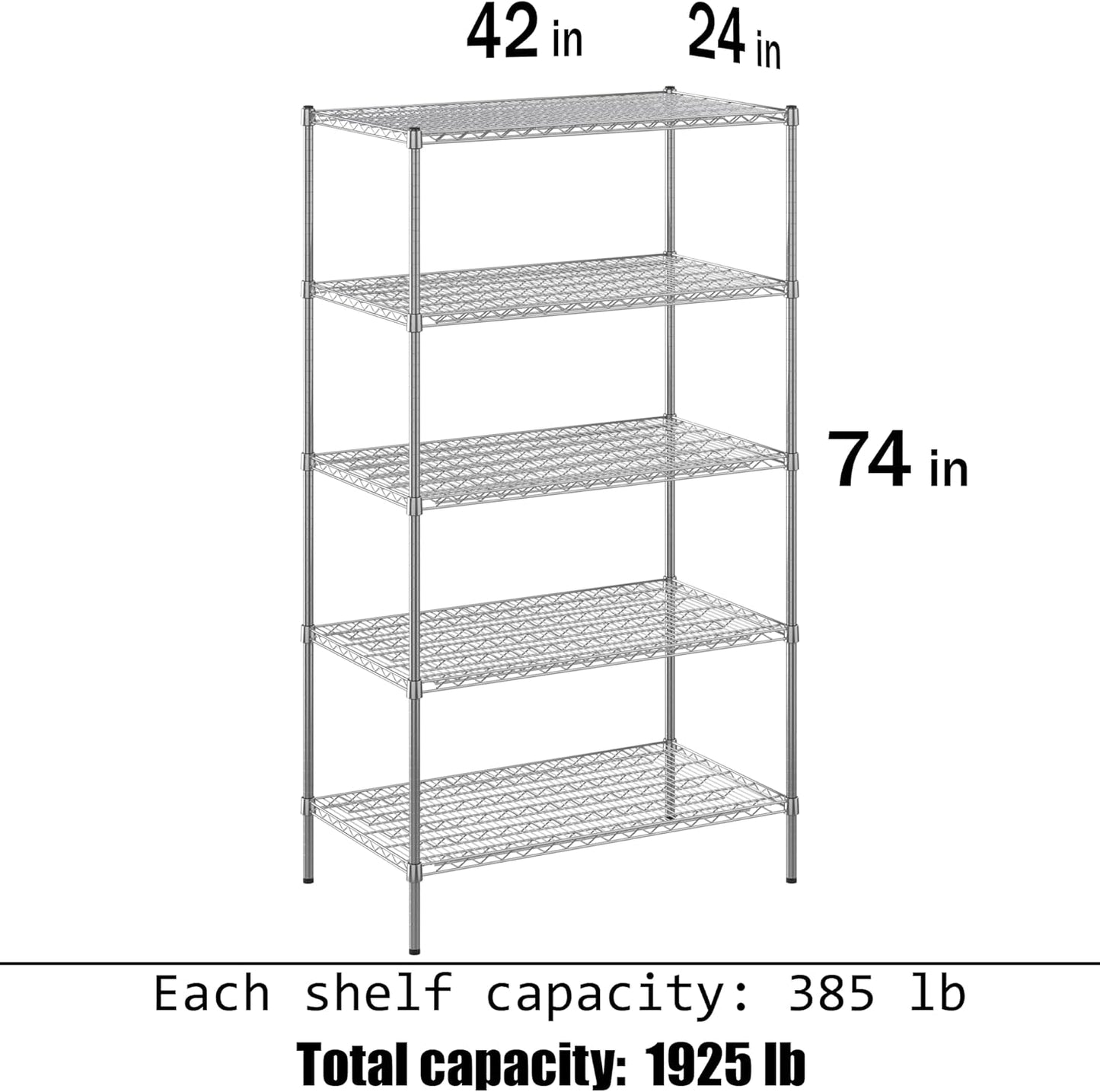 24" Deep x 42" Wide x 74" Height Wire Shelving Kit | 5-Tier | NSF Commercial Storage Rack Unit