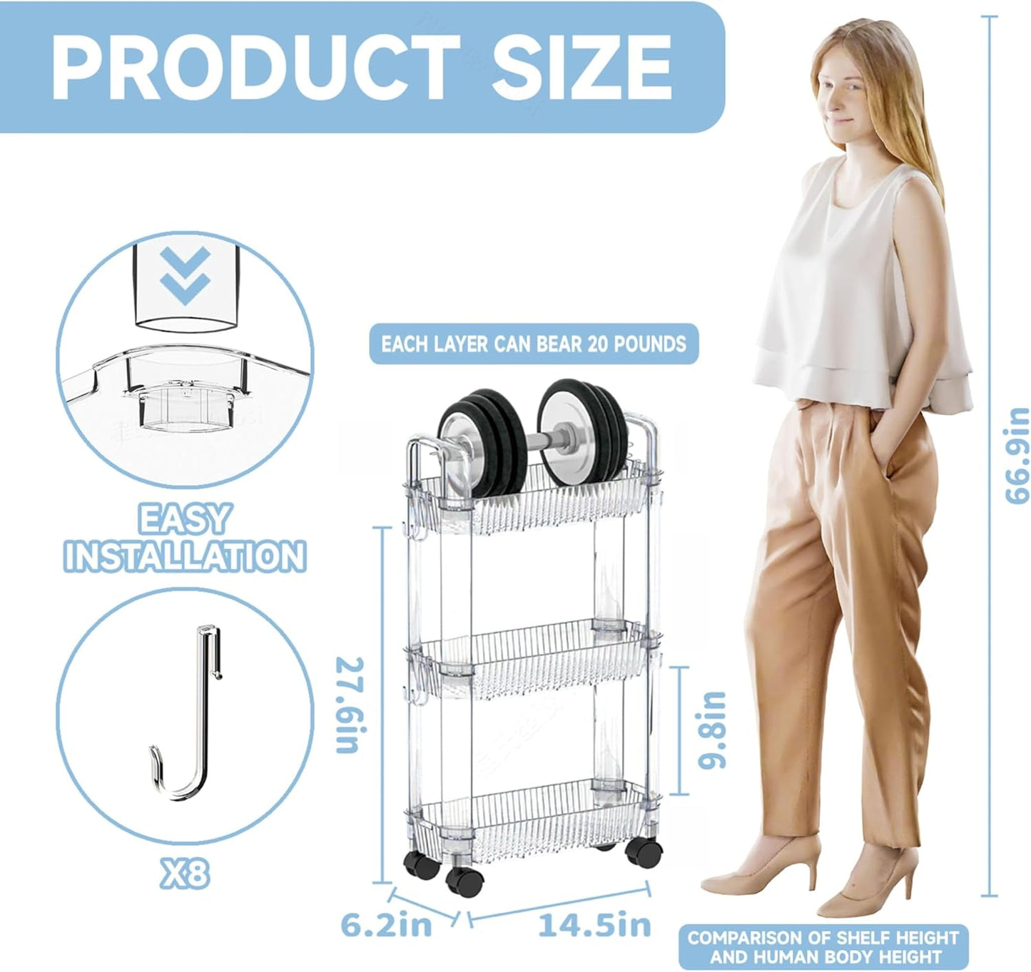 Yieach 3 Tier Rolling Cart with Wheels,Clear Narrow Bathroom Rack Organizer,Slim Storage Cart,Three Tier Thin Shelf and Narrow Rolling Utility Cart for Small Space Shelf,Dorm Room,Kitchen,Laundry