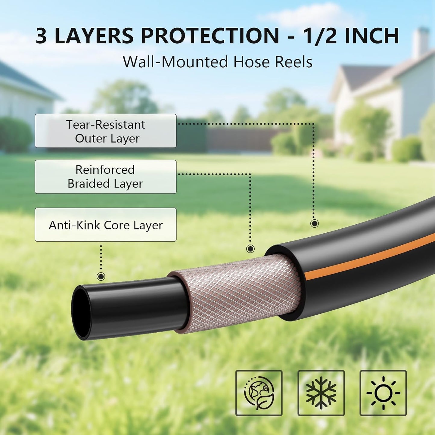 Automatic Retractable Garden Hose Reel 1/2 Inch x 100ft - Heavy Duty Metal Wall Mount with Auto Rewind, Any Length Lock, 10 Pattern Nozzle & UV Protection