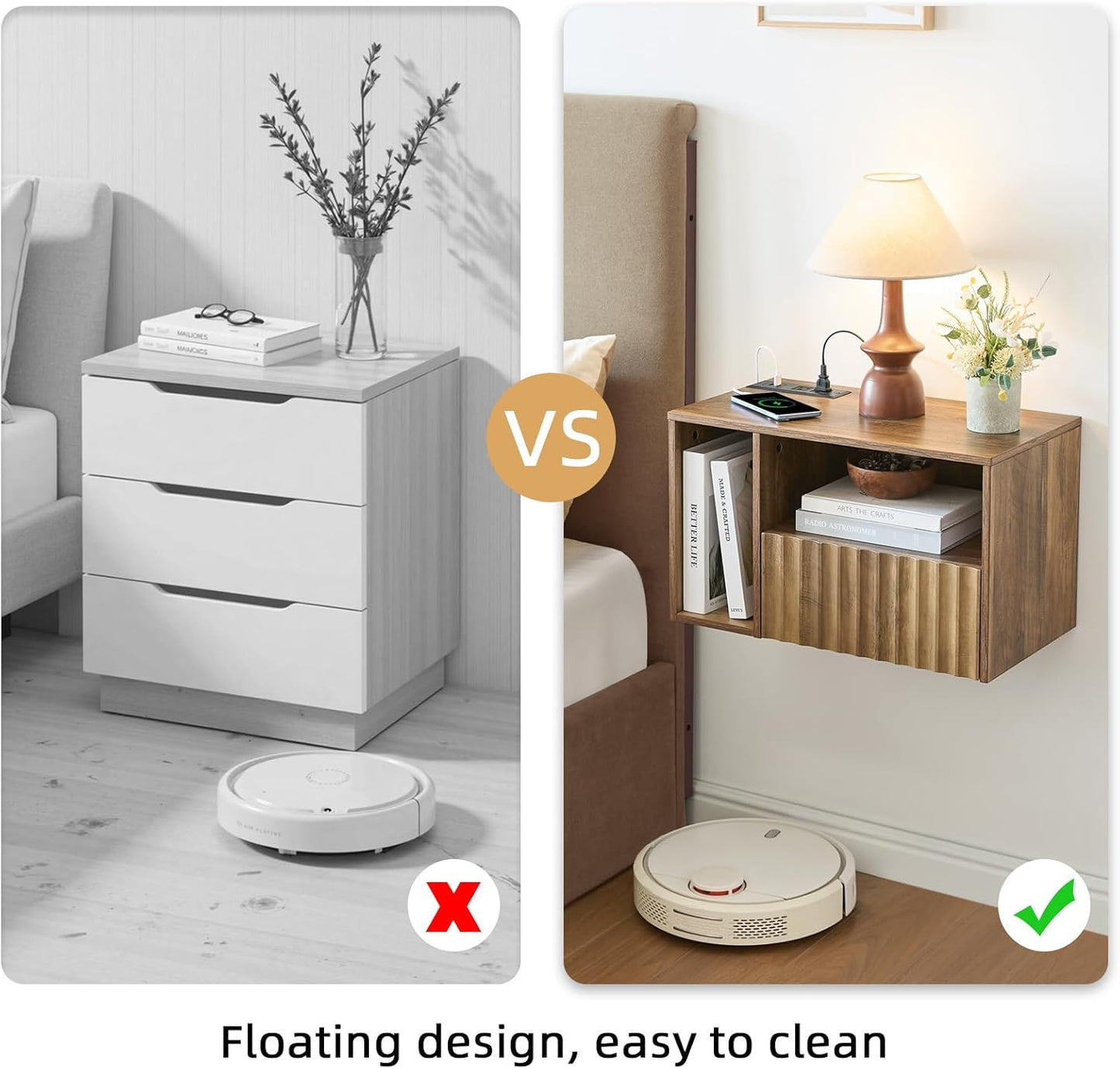 Modern Rustic Brown Fluted Floating Nightstand with Charging Station, NightStand with Drawers, Bedside with USB Ports and Outlets, Bedroom Furniture (Right)