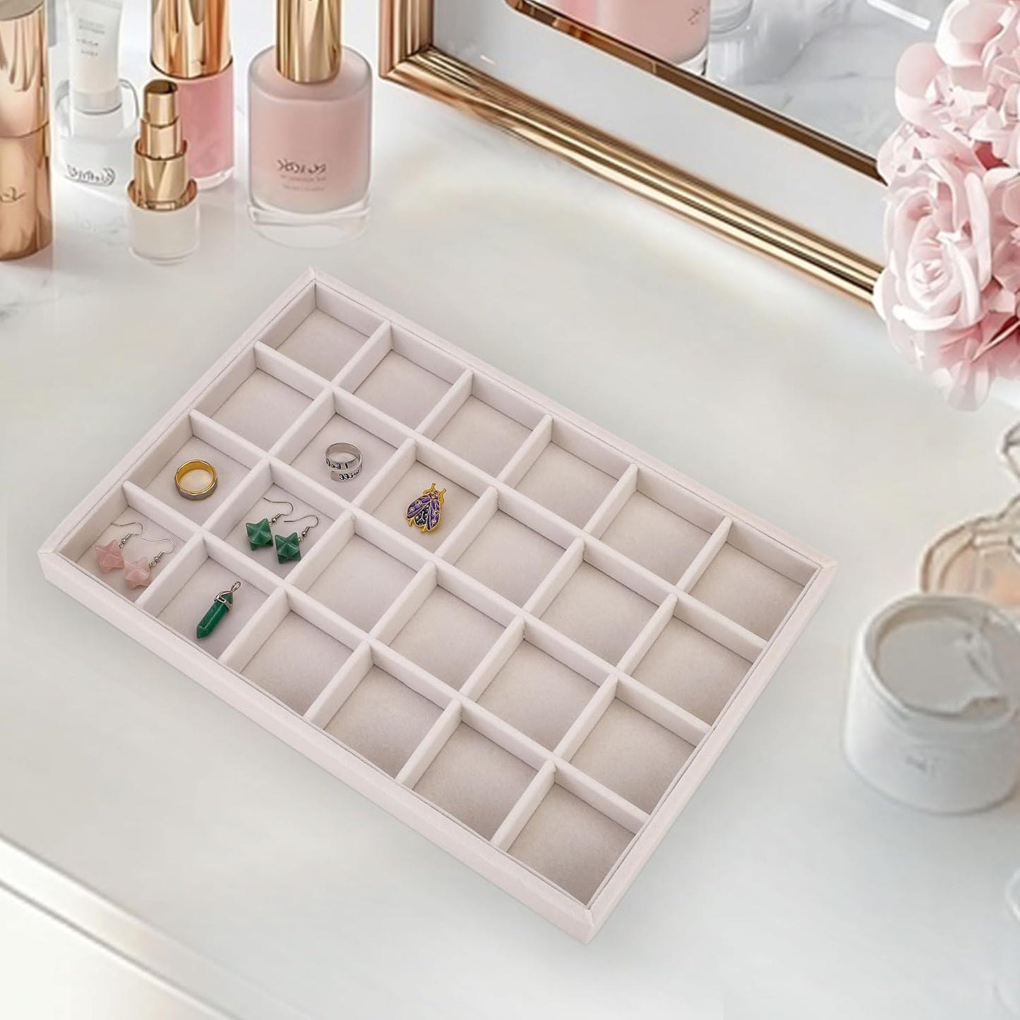 Mornajina 24 Grids Velvet Jewelry Tray Jewelry Display Tray, Stackable Empty Plate Trays for Earrings Necklaces Bracelet Rings Display Showcase - Beige