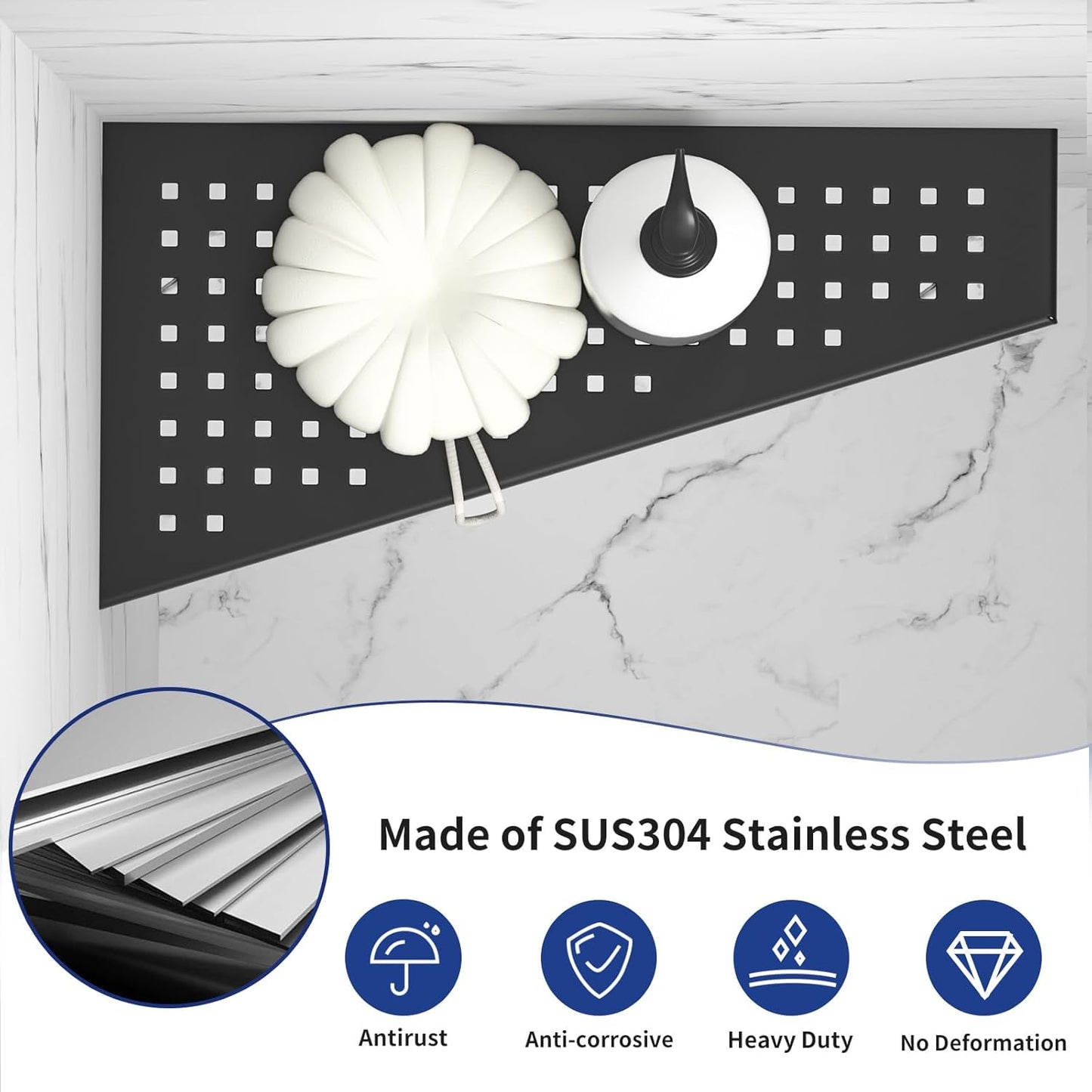 Corner Shower Shelf, Matte Black 12" 304 Stainless Steel Trapezoid Grout in Shelf with Grid Hollows Design, Recessed Bathroom Shelves for Tiled Wall Retrofit, 2 Pack