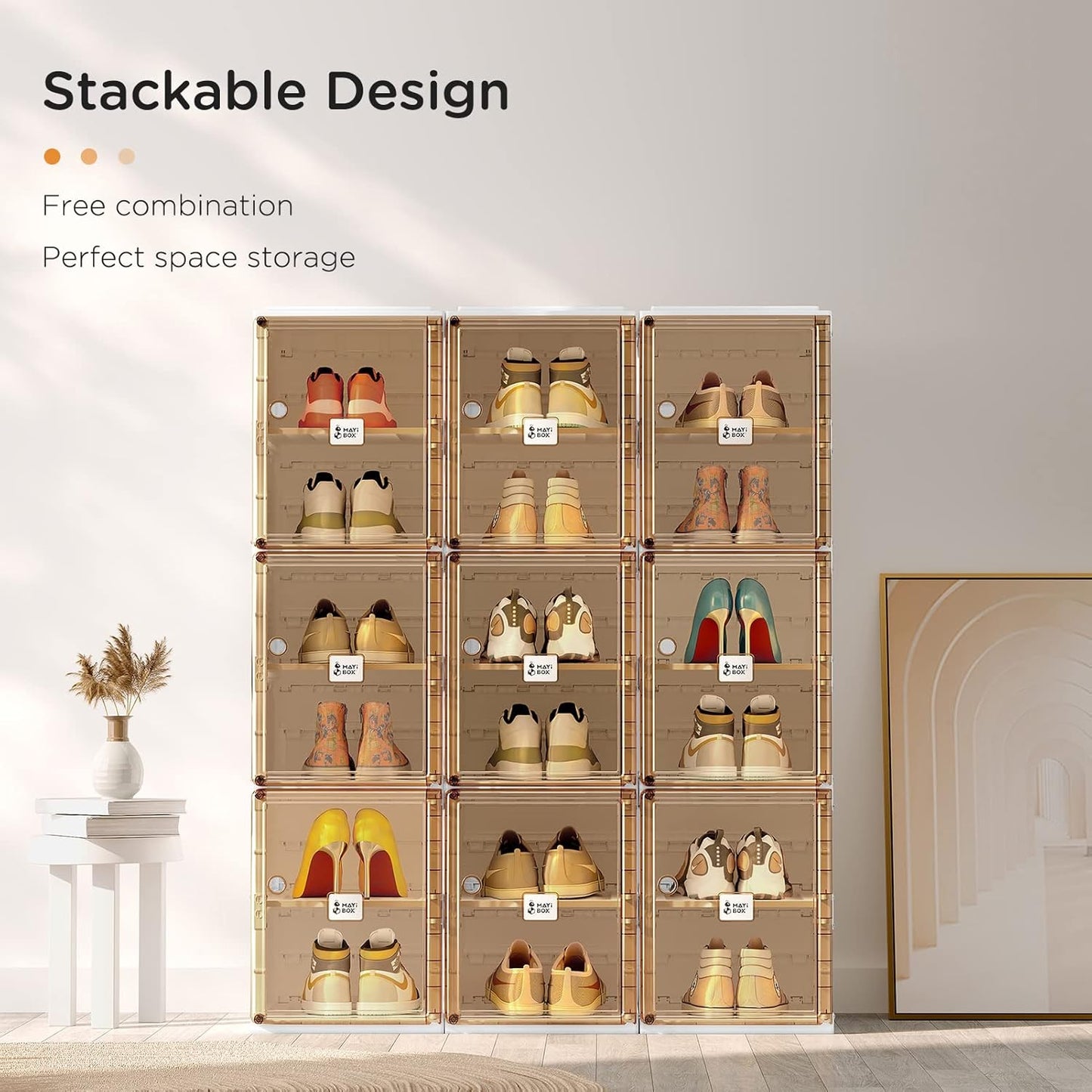 ANTBOX Shoe Organizer Storage Box, Portable Folding Shoe Rack for Closet with Magnetic Clear Door,Large Sneaker Cabinet Bins Sturdy Easy Assembly 6 Layers-6 Grids