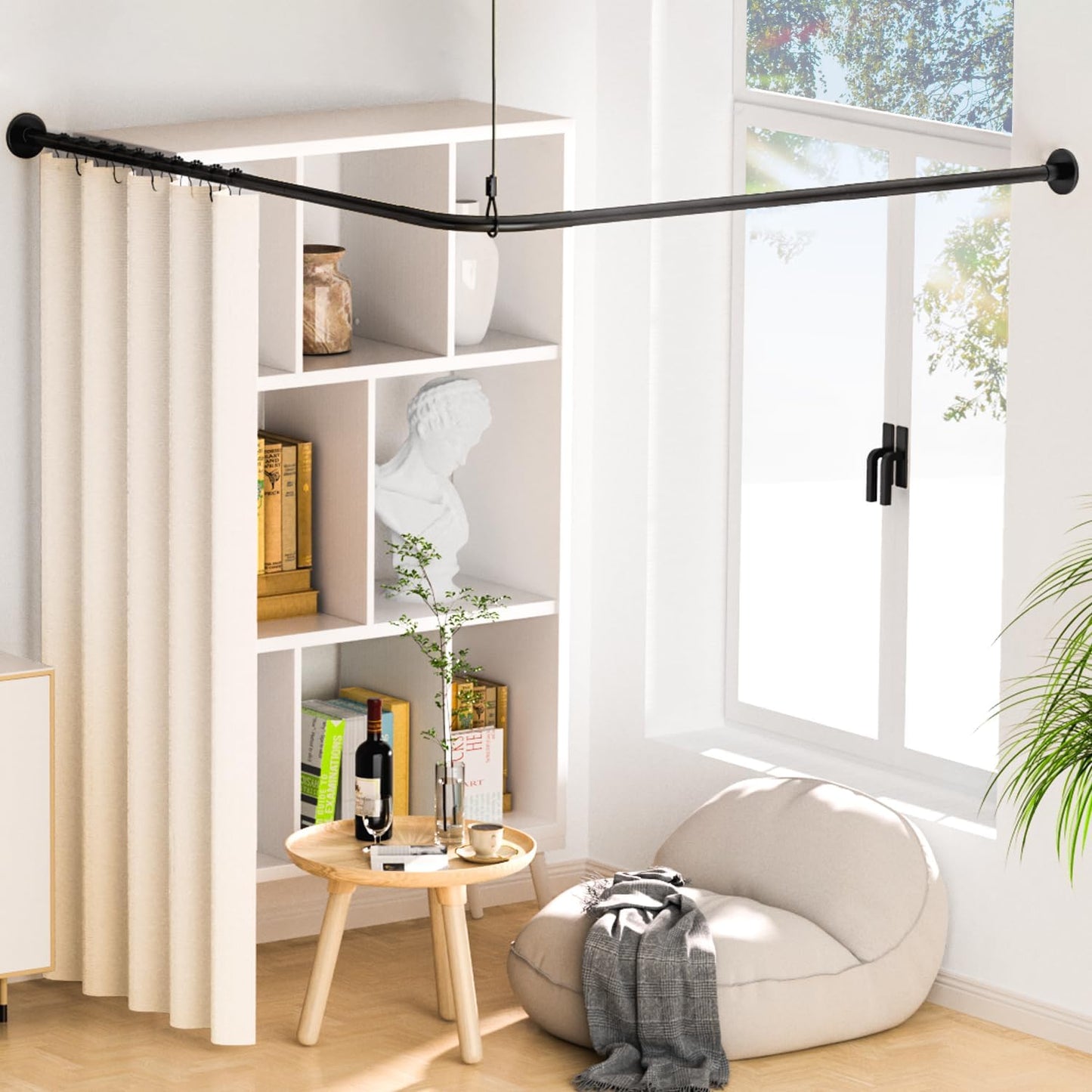 Stretchable 304 Stainless L Shaped Bathroom Bathtub Corner Shower Curtain Rod Rack (Black 24"-37" x 24"-37"), Drill Free Install, for Bathroom, Clothing Store, Private space, with 12 Hooks