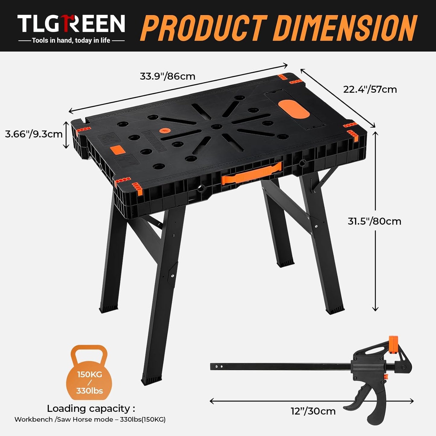 TLGREEN Folding Work Table,2 Pack,Express Portable Workbench Set of 2, Lightweight Workbench with Clamps Dogs, Clamps,Power Strip,for Garage,Table Saw,Home,Workshop,330lbs Load Capacity