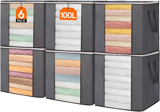 Lifewit 100L Extra Large Blanket Storage Bags, Foldable Comforter Storage with Reinforced Handles, Clothes Storage Containers for King Comforter, Bedding, Pillow, Sheet, Storage Bin with Lids 6 Pack