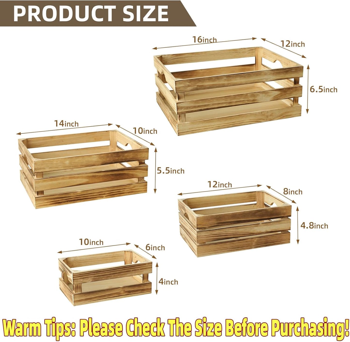 Large Torched Wood Storage Crates Decorative, Set of 4 Nesting Wooden Crates for Display Rustic, Farmhouse Wooden Storage Container Boxes Made from 100% Wood