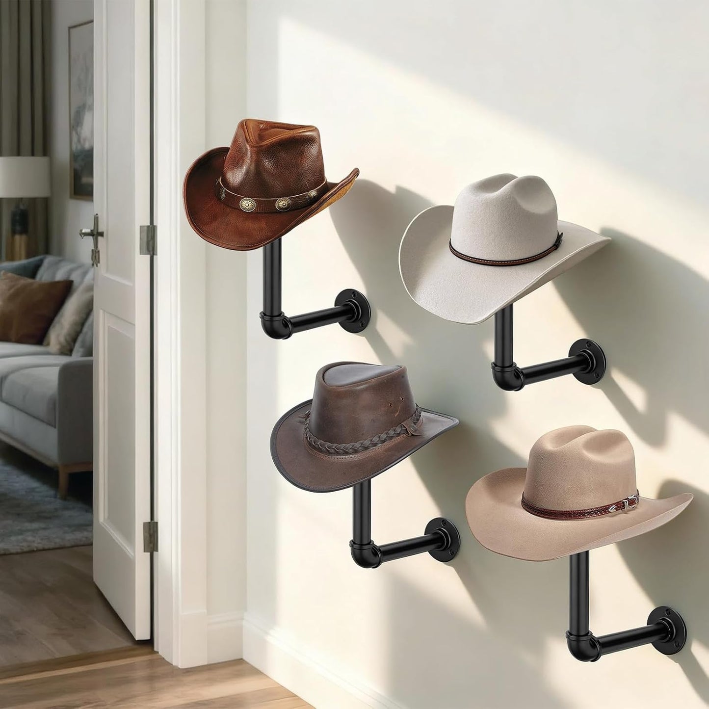 2PCS Cowboy Hat Rack Wall Mount, Wooden Western Rustic Metal Hanger, Wall Mounted Helmet Hanger for Multifunctional Display Hanger Stand for Cap Wig Hats, Fedora, Sun Hats