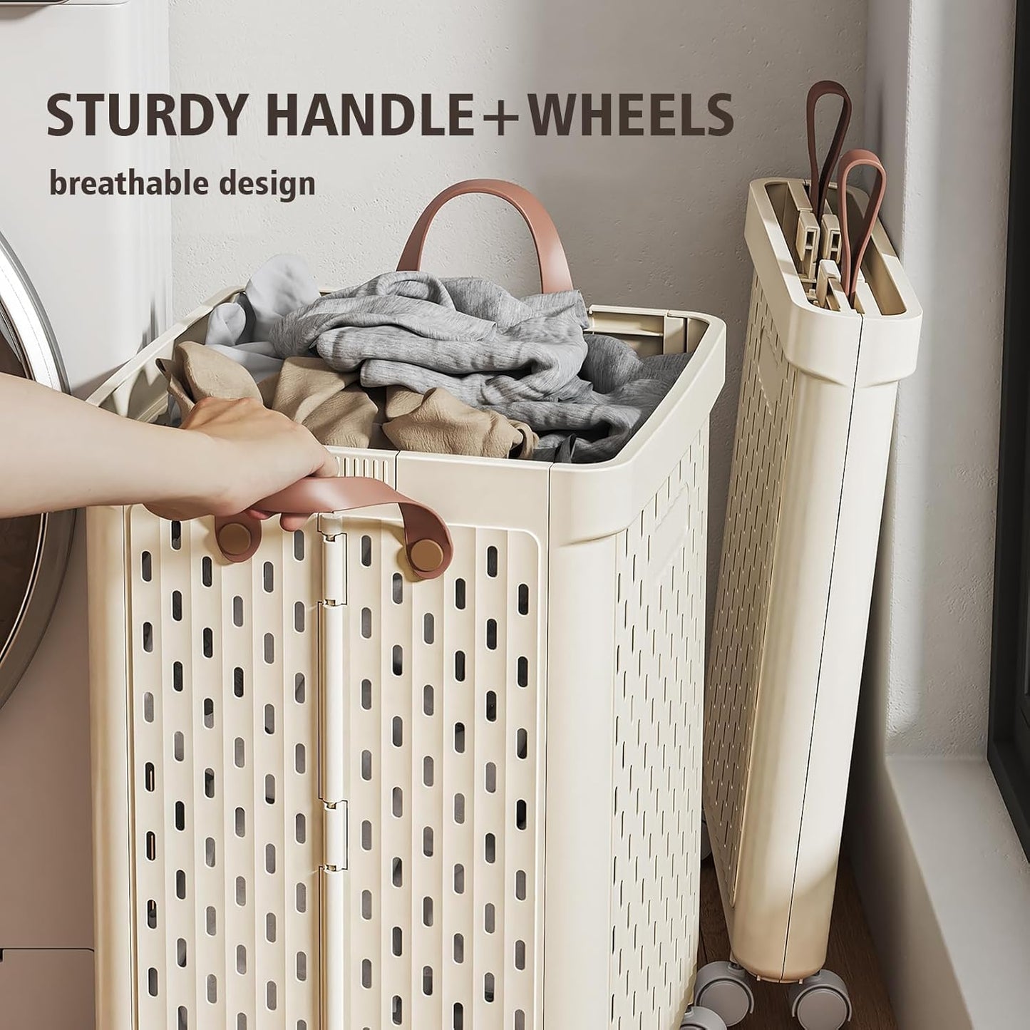 UAK Laundry Basket with Wheels, Collapsible Plastic Laundry Hamper with Handle, Foldable Laundry Basket Organizer for Laundry and Bathroom (Light Yellow, XXL)