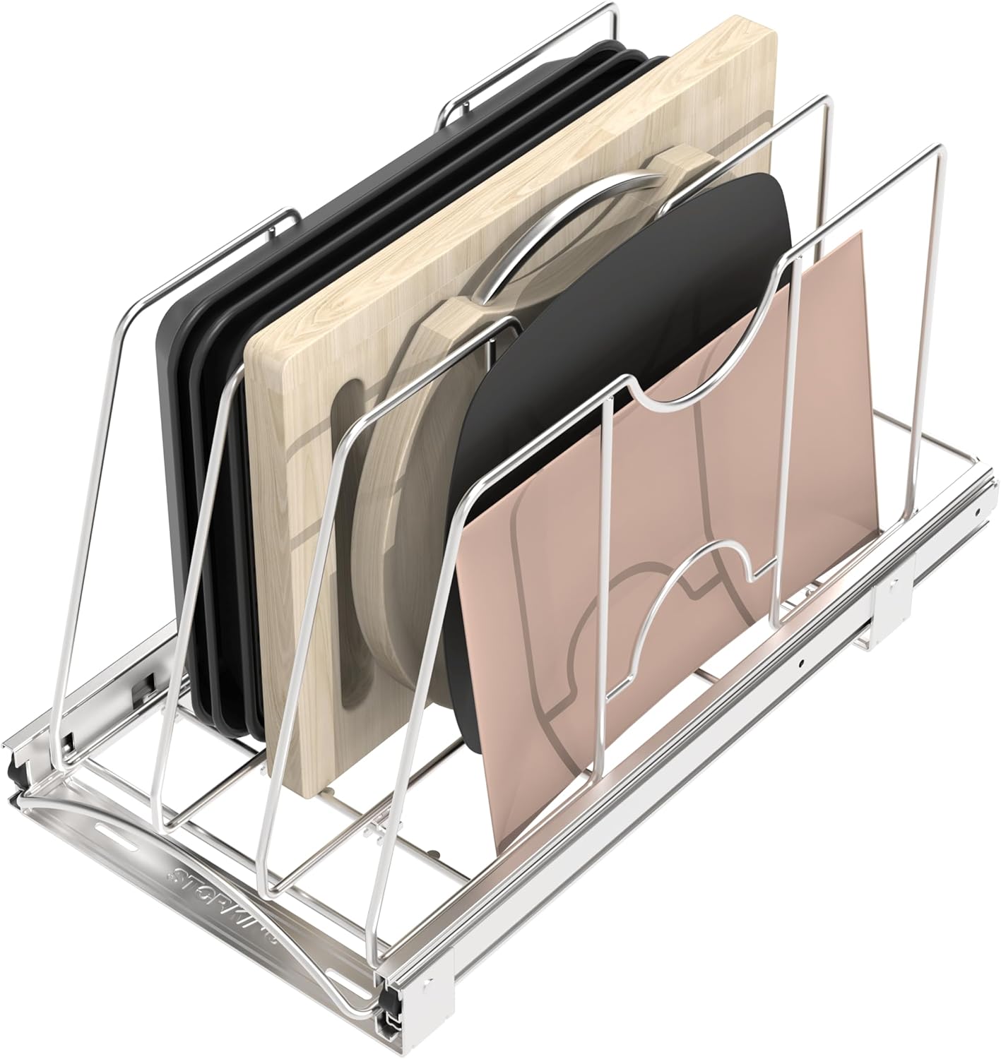 Pull Out Cookie Sheet Organizer for Cabinet, Pan and Pot, Cutting Board, Bakeware, Tray Organizer Rack, Sliding Rack- Heavy Duty, Adjustable Divider Width, 10" W x 22" D x 11" H, Chrome