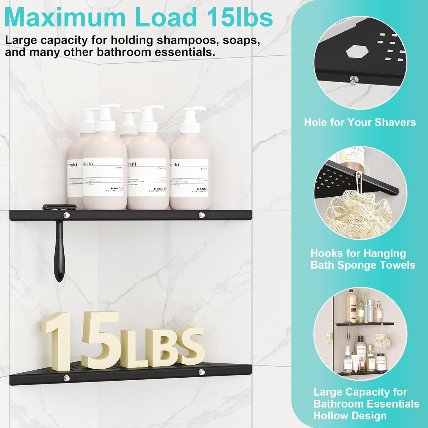 10" Bathroom Corner Shelf, 2 Pack Recessed Shower Shelf Caddy, SUS304 Stainless Steel Shelf Wall Mount Triangular, No Drilling Matte Black