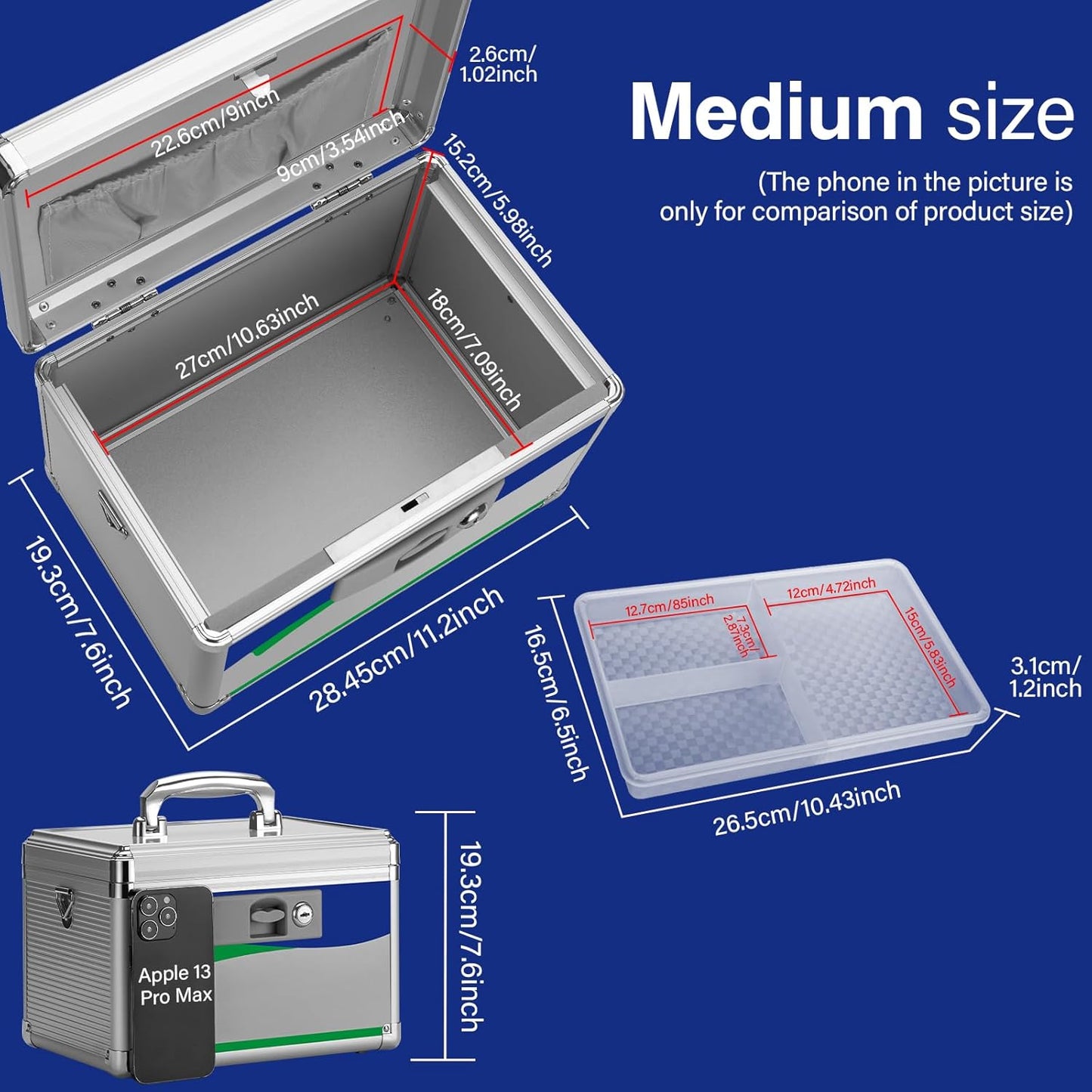 Medicine Lock Box for Safe Medication - 11.2 x 7.6 x 7.6 Inches - Lockable Storage Box for Drugs, First Aid Kit Empty, Lock Boxes with Key for Home/Outdoor (Blue/Medium)