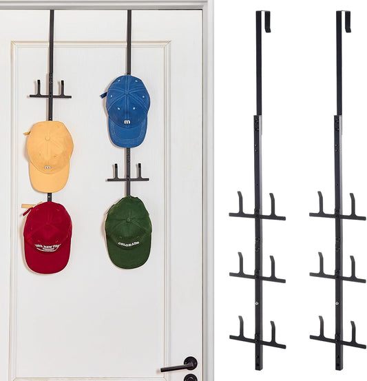 Aquzee Over the Door Hat Rack, 2 Pcs Over Door Organizer for Baseball Caps, 6 Hooks Metal Hanging Cap Racks, 3-Tier Hats Hangers Storage, Black Hanging Hat Holders for Closet