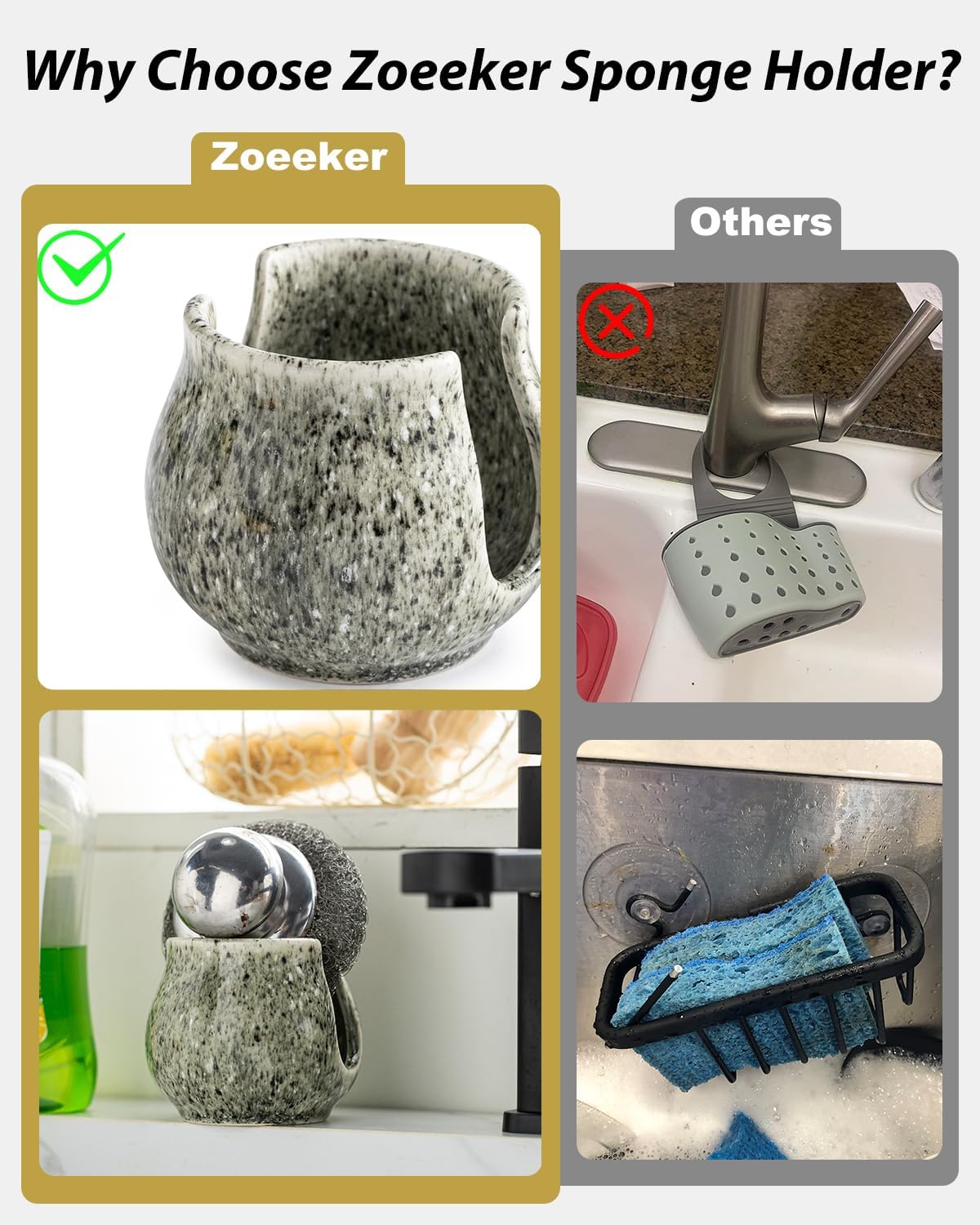 Ceramic Sponge Holder, Kitchen Sponge Holder Sink Caddy Organizer Dish Rack for Kitchen Sink Suction, Bathroom, Brush, Special Gray