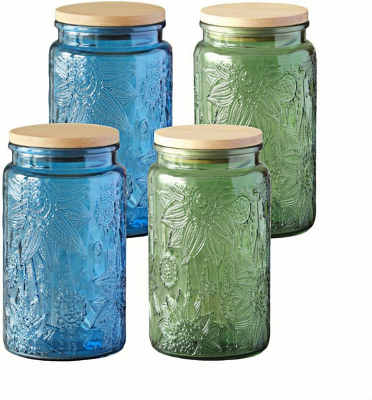 ANSQU 4-Pack Vintage Glass Jars with Airtight Lids, 34oz Glass Food Storage Containers for Kitchen Pantry Coffee, Tea, Candy, Cookie, Decorative Mason Jar (Blue&Green)