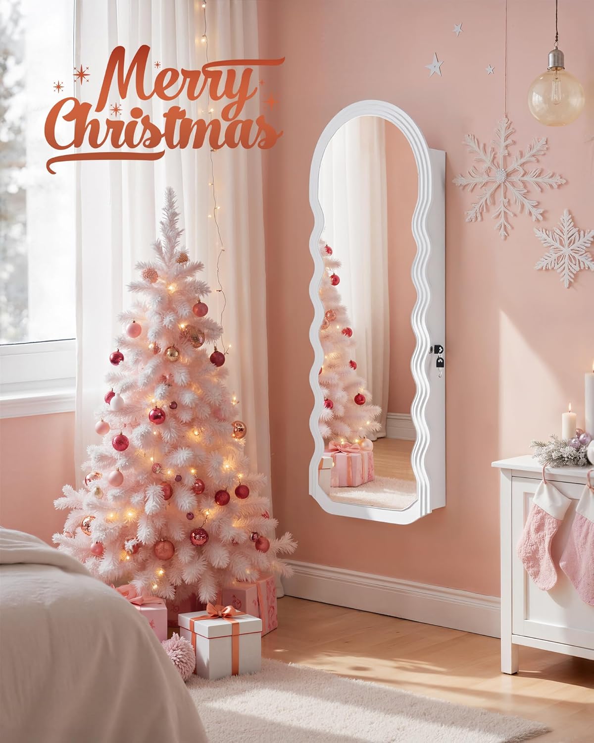 SONGMICS Mirror Jewelry Cabinet Wall Mounted Over the Door, Hanging LED Jewelry Organizer, Lockable Wavy Wide Mirror with Storage, Interior Lights, 3.9 x 16.5 x 42.5 Inches, White UJJC031W01