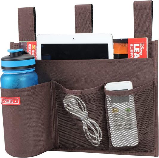 Hanging Bedside Caddy, Bedside Storage Organizer for Magazine, Phone, Remote control (4 Pockets-Coffee)