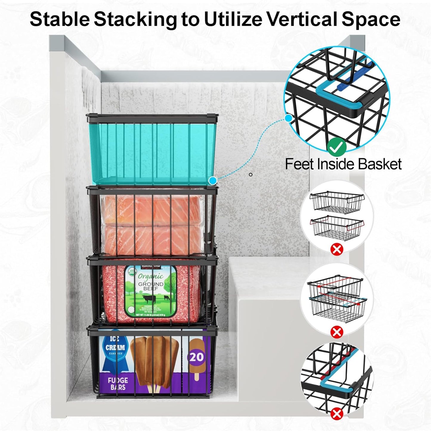 iSPECLE Freezer Organizer Bins - 4 Pack Stackable Deep Freezer Organizer Bins for 5 Cu.Ft Chest Freezer Easy Get Food from Bottom without Digging, Add Space Sort Store More Frozen Food, Black