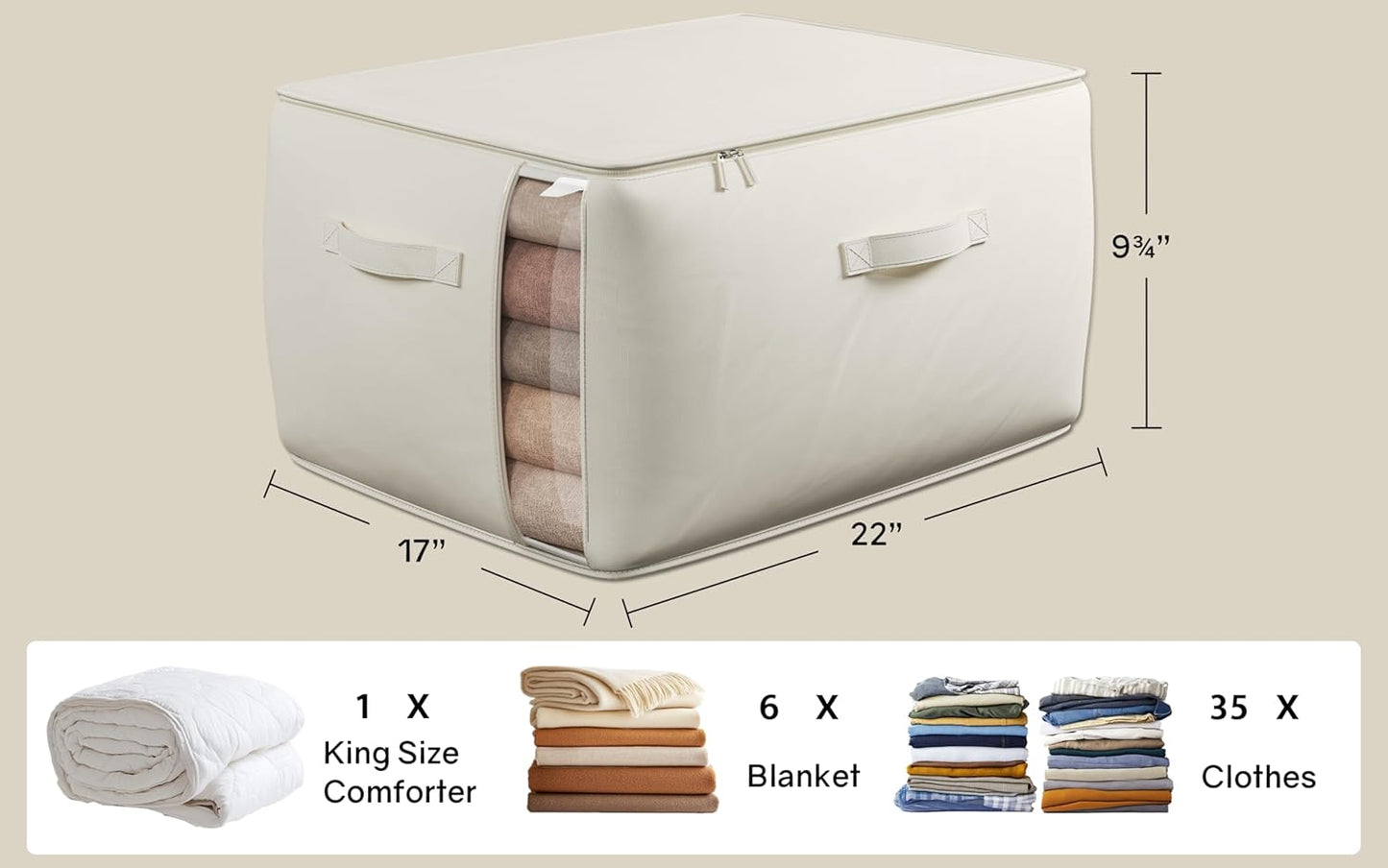 Large Canvas Clothes Storage Bags with Thick Handles and Clear Window, Foldable Cotton Linen Underbed Closet Organizer for Clothing, Blankets and Bedding, 60L, 4 Pack, Beige