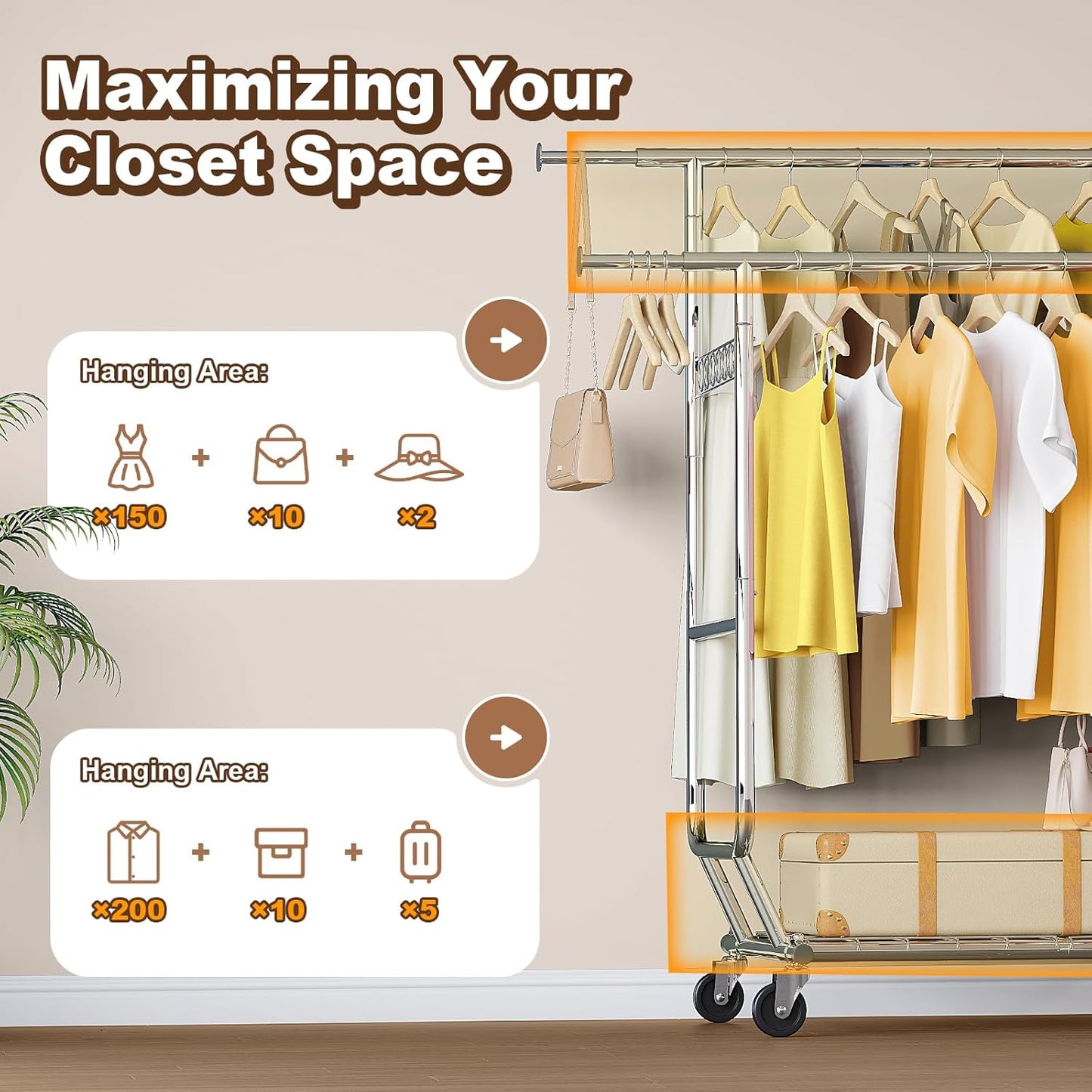 HOKEEPER 600 lbs Commercial Clothing Garment Rack with Shelves Clothing Racks on Wheels Rolling Closet Clothes Rack Heavy Duty Portable Collapsible Adjustable, Chrome Finish