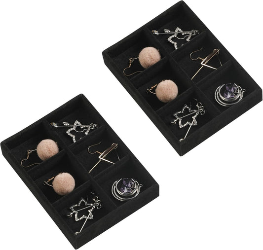Frebeauty Small Jewelry Tray Set,Stackable Velvet Jewelry Organizer Tray,Mini Jewelry Drawer Organizer,Drawer Inserts,4.92 x 3.74 x 0.9 Inches,6 Grid Earring Organizer for Women(Set 2,Black)