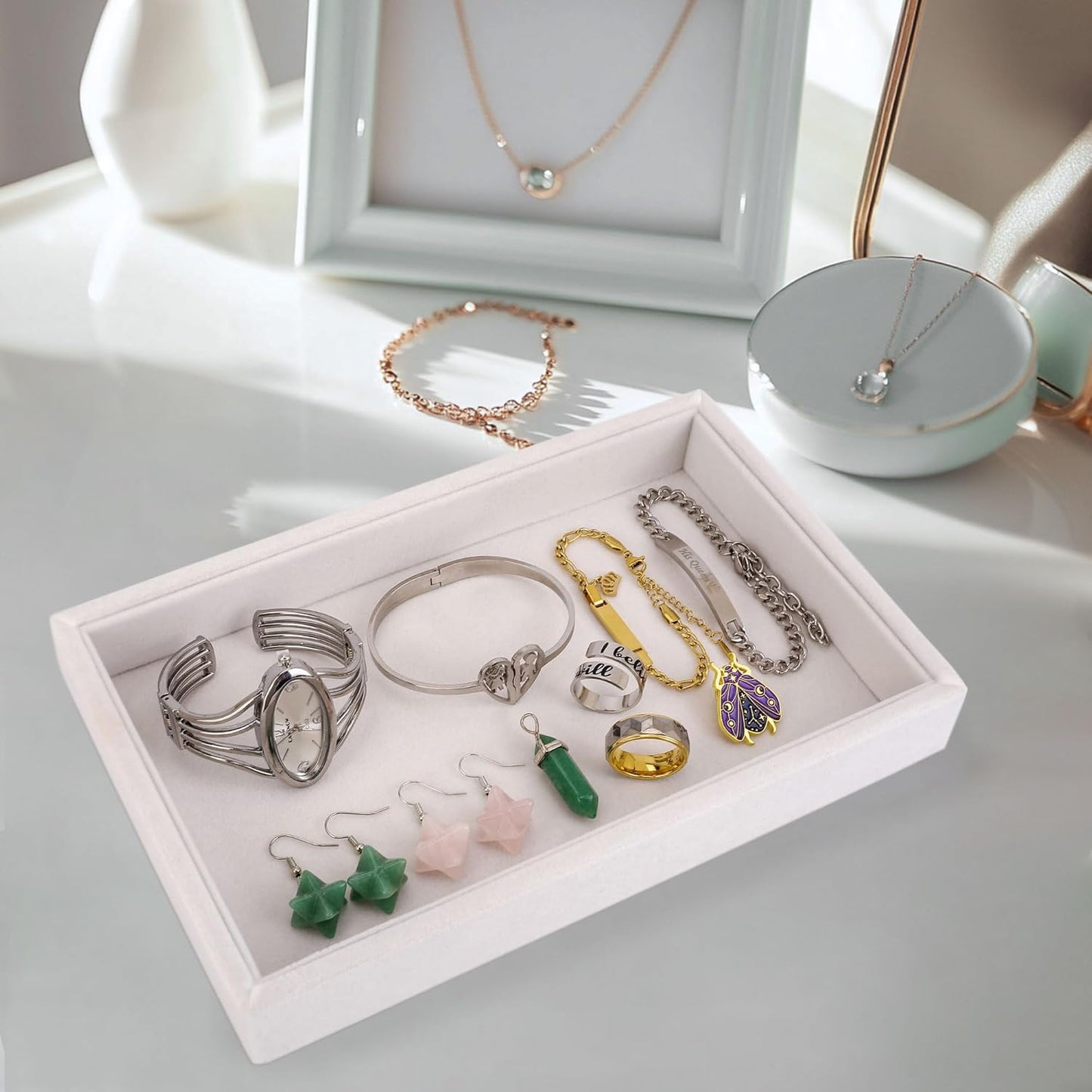 Mornajina 9" x 5.7" Velvet Jewelry Tray Jewelry Display Tray, Stackable Empty Plate Trays for Earrings Necklaces Bracelet Rings Display Showcase - Beige