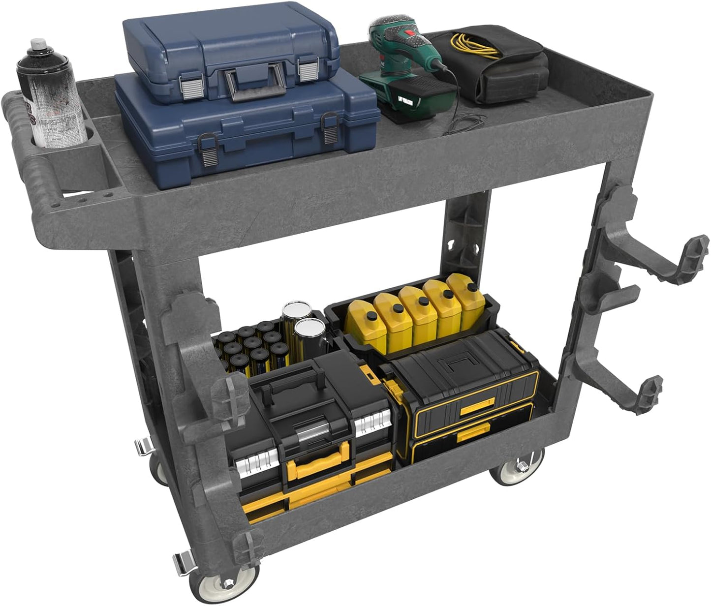 34"*17" Heavy Duty Utility Cart, 2 Shelf Plastic Rolling Cart Tool Cart with Ergonomic Handle 5" Swivel Casters 4 Hooks 1000lbs Capacity for Garage, Warehouse, Cleaning