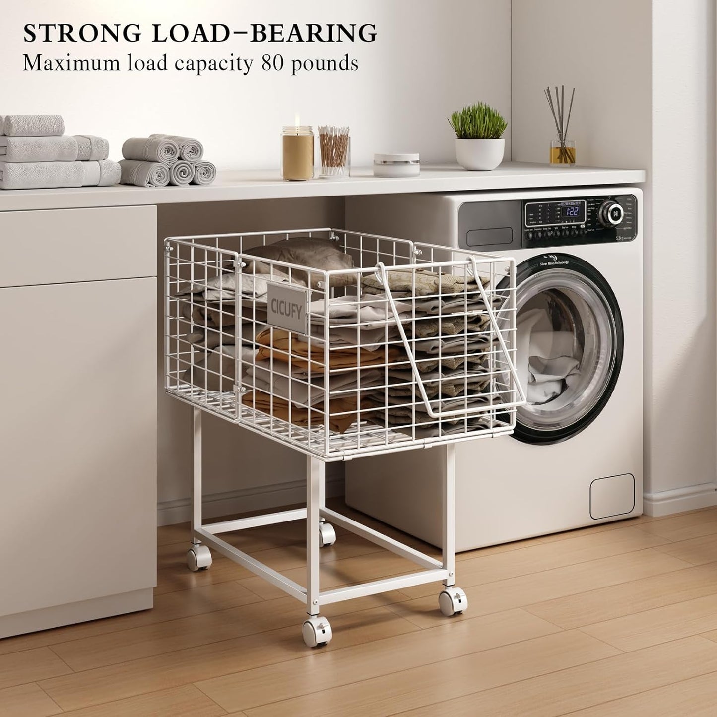 Wire Laundry Hamper, 80L Rolling Laundry Basket Cart on Wheels, Dirty Clothes Basket with Handle, Metal Clothes Hamper Organizer for Laundry Room, Bathroom, Bedroom, Dorm, White