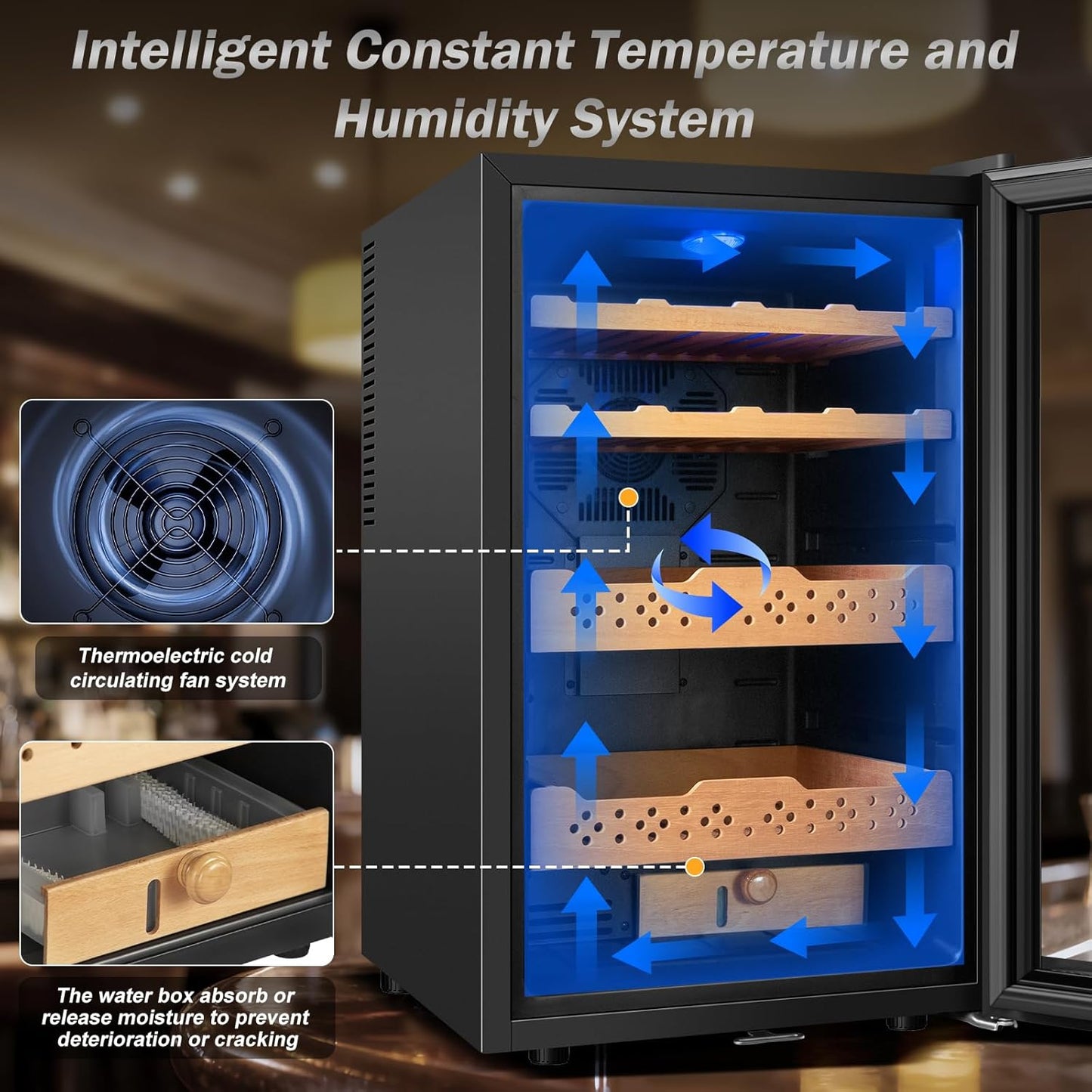 Electric Humidor-70L Cooling & Heating Humidor, Smart Touch Control Humidity & Temp, Humidors wtih Spanish Cedar Wood Tray, Digital Display, Safety Lock, Desktop Gift for Men