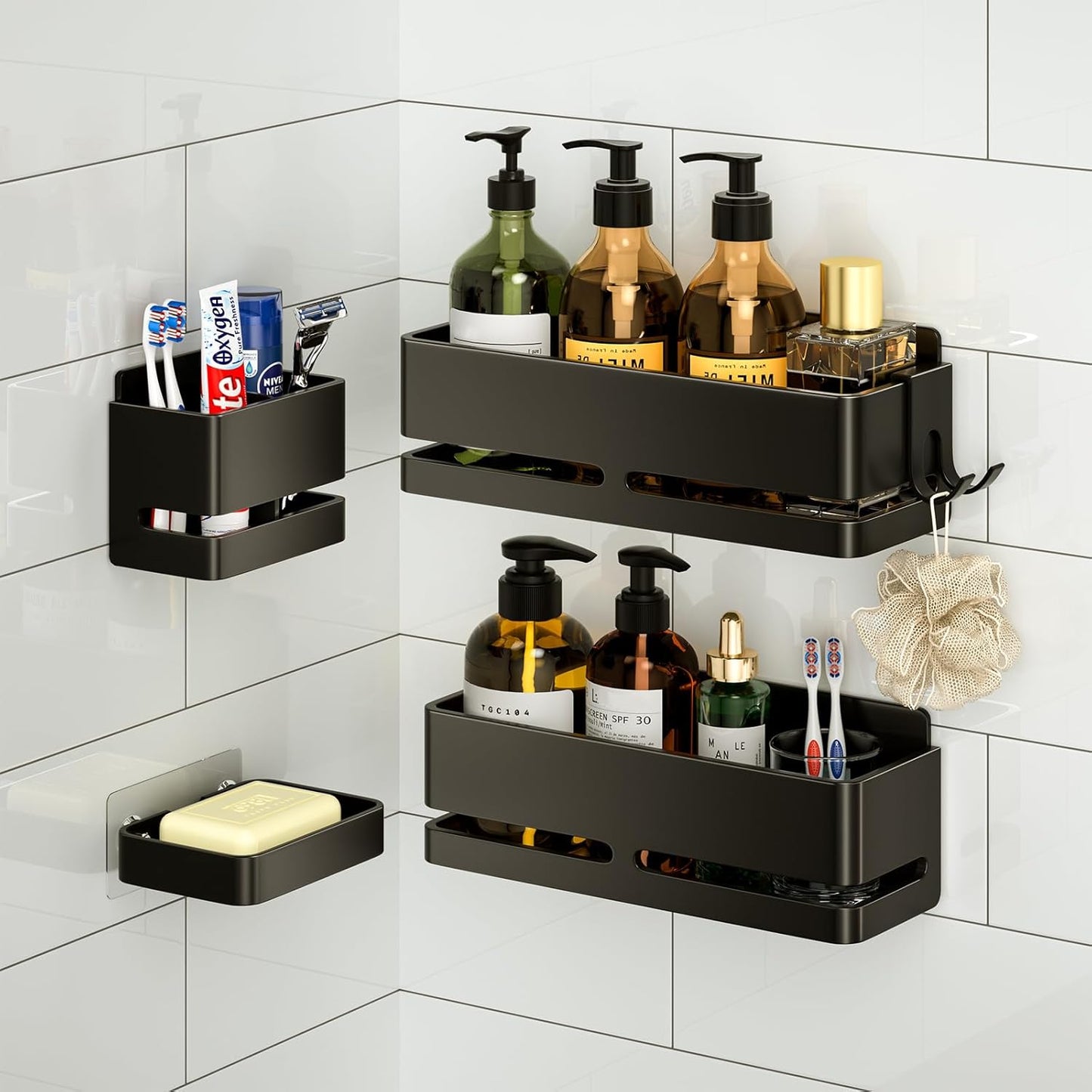 Bathroom Storage Rack (5-Piece Set), Wall-Mounted Shelf with soap Dish and Toothbrush Holder, no Drilling Required, Ideal for Bathroom Storage and Also Suitable for Kitchen (Black)