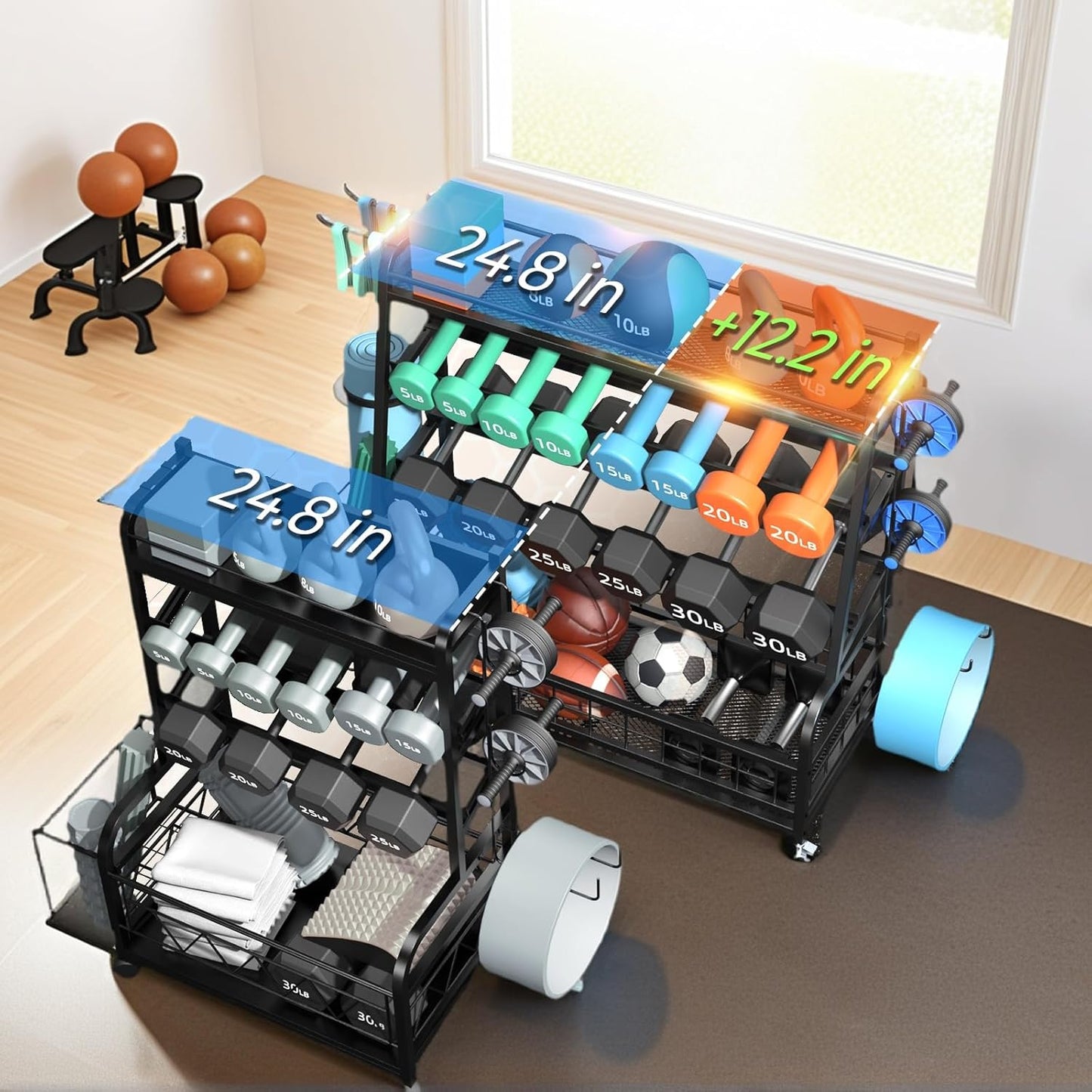 4-Tier Dumbbell Rack Weight Stand - Adjustable Weight Rack,Home Gym Storage for Dumbbells Kettlebells Yoga Mat and Balls, All in One Workout Storage with Wheels and Hooks,Powder Coated Finish Steel