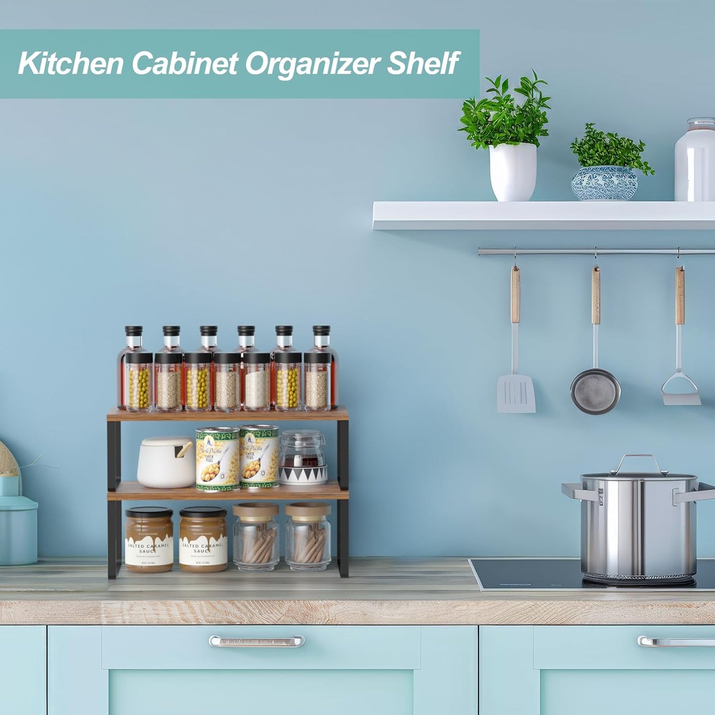 NEX Cabinet Organizer Shelf, Set of 2 Kitchen Counter Shelves, Spice Rack, Stackable Kitchen Shelves Organizer, Pantry Cupboard Dish Mug Cup Storage Shelf, Black and Brown