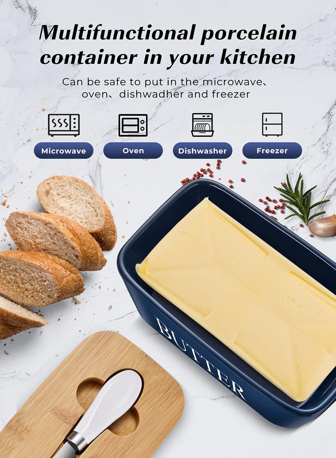 Butter Dish with Lid: Large Butter Container for Countertop - Ceramic Butter Holder for Counter - Butter Tray Butter Keeper with Knife and Sponge Scrubber - Perfect for 2 Sticks of Butter Blue