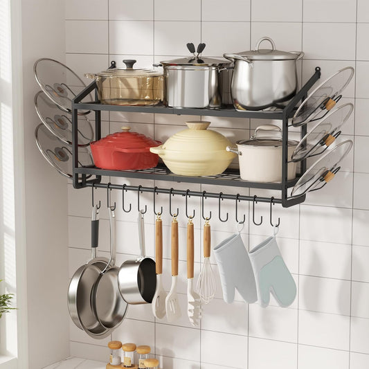 VOPEAK 30" Pot Rack Wall Mounted with 6 Detachable Pot Lid Holders,12 Adjustable S Hooks for Hanging Pans,2 Tier Black Heavy Duty Metal Shelves for pots and pans Organizer,200lbs Capcity,Space Saving