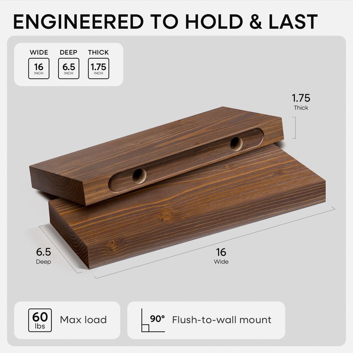 Homeforia Classic Walnut 16 inch Floating Shelf, High End Solid Real Wood Small 16inch Floating Shelves for Wall Mounted, 16in Floating Shelves, Heavy Duty Bracket, 16 X 6.5 X 1.75 inches, Set of 3