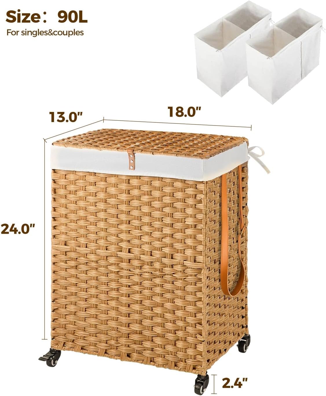 Greenstell Laundry Hamper with Wheels, No Install Needed, 90L Divided Handwoven Hampers & 2 Removable Liner Bags, Synthetic Rattan Clothes Laundry Basket with Lid & Handles, Foldable Hampers Natural