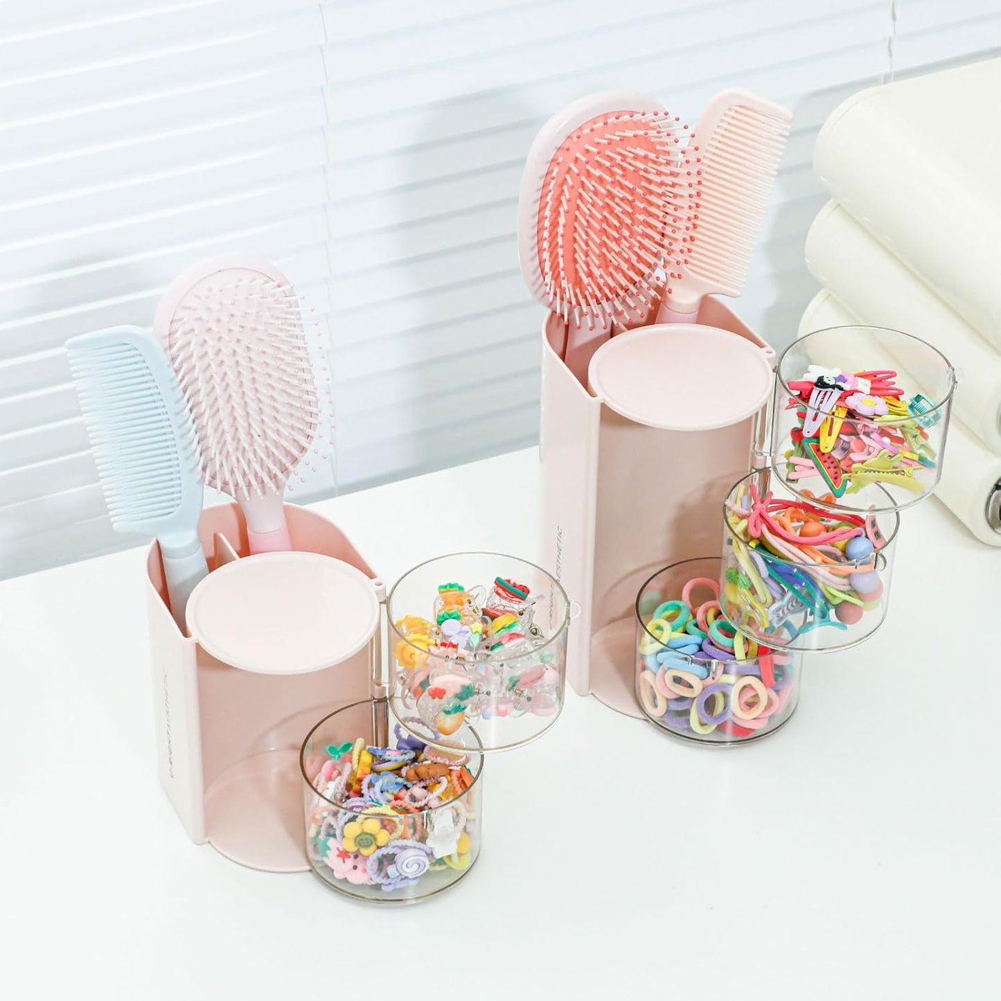 FABROK 3-Layer Clear Hair Accessories Organizer with Hair Brushes Holder, Rotatable Small Jewelry Box for Hair Clip Earring Necklaces, Desktop Organizer Case for Cotton Swab, Hair Accessories(Pink)