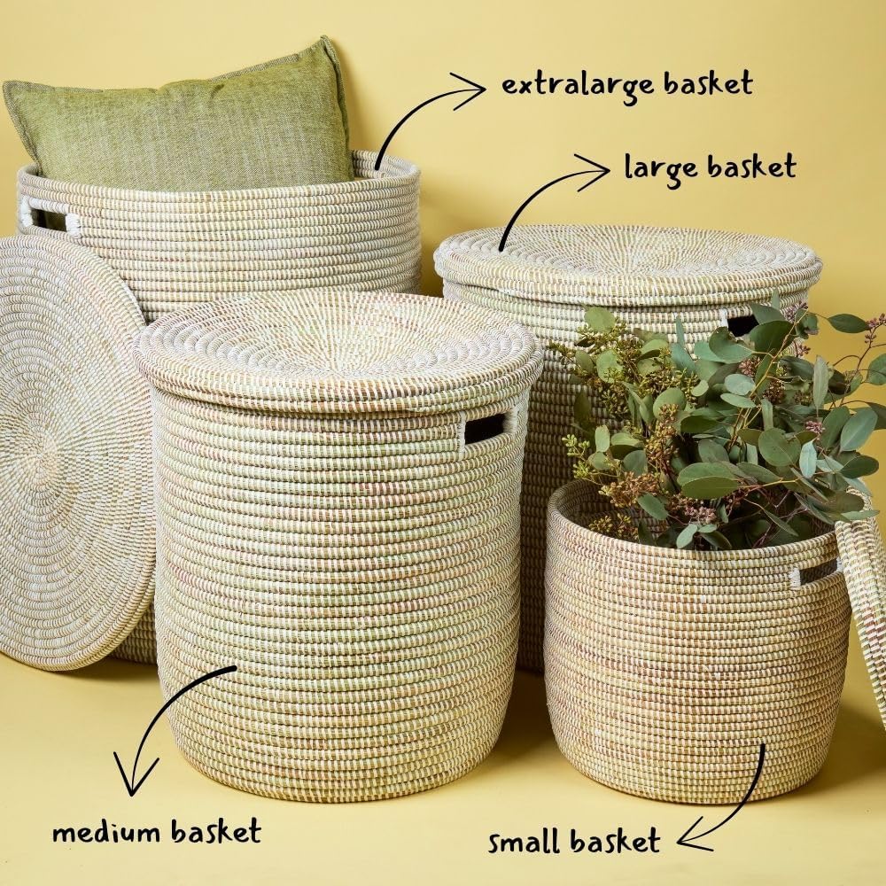 Small White Storage Basket - Laundry Hamper, Baby Nursery Toys Bin, Living Room Blankets Storage, Towels Holder, Organizing, Decorative - Wicker, Woven, Lid, Handles