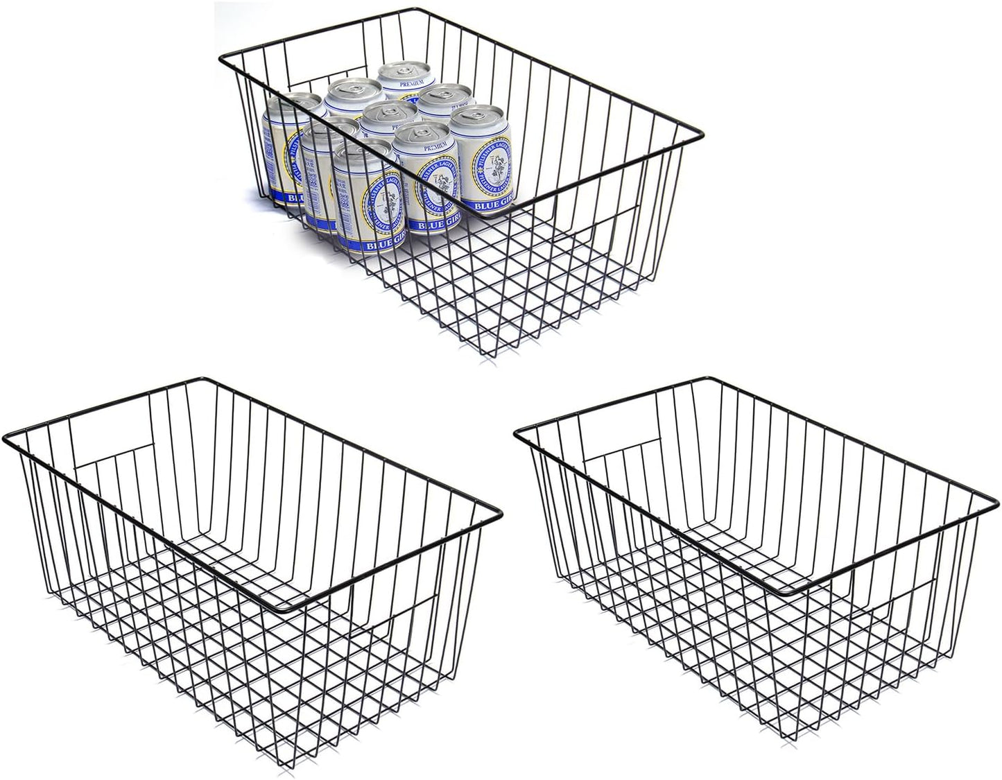 Freezer Organizer Bins - 3 Pack Stand Up Freezer Baskets for 16，17，21 cu.ft Upright Freezer, Wire Storage Baskets with Built-in Handles, Easy to Access Frozen Food Allow Air Circulation, Black
