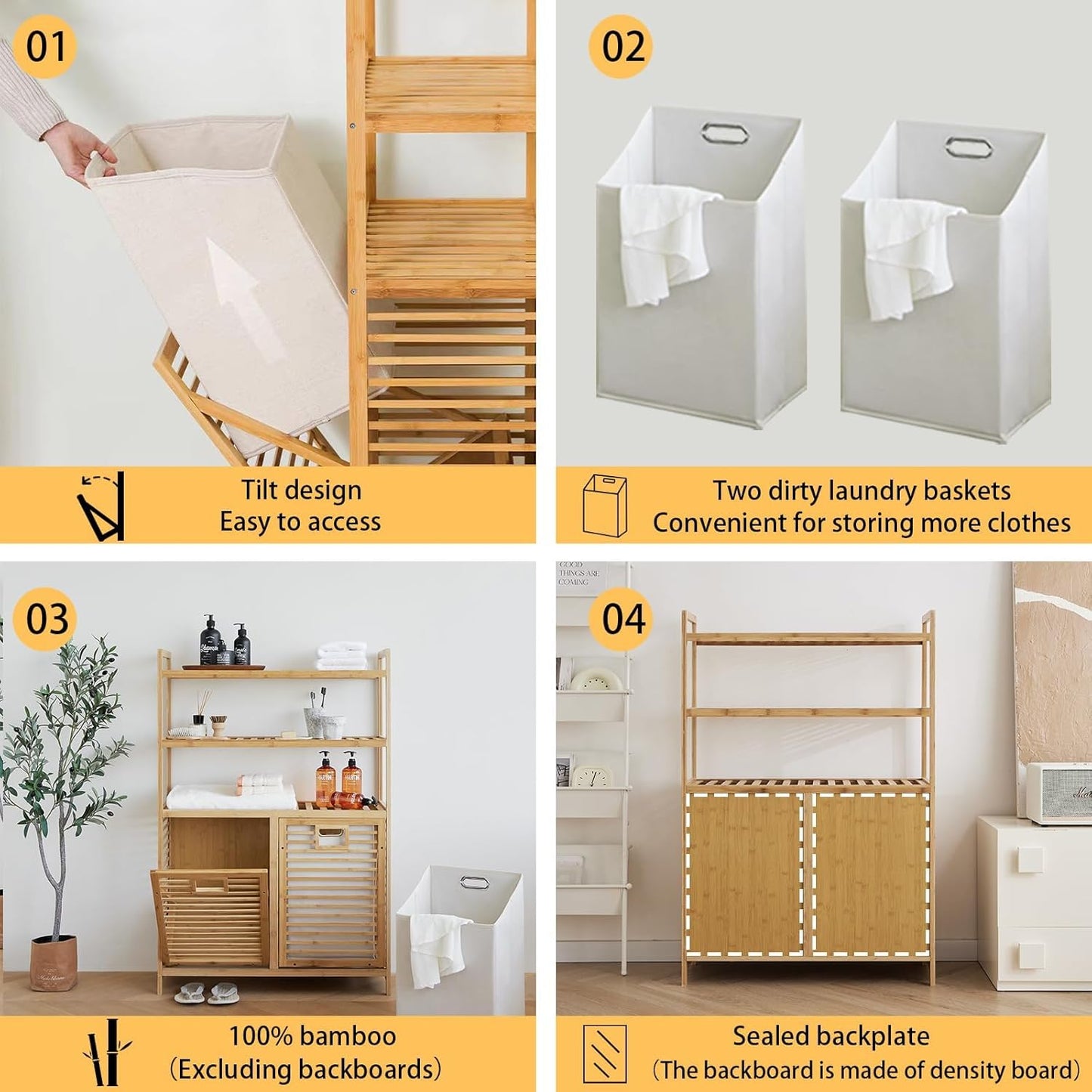 Double Tilt Out Laundry Hamper, Bamboo Hamper with 2 Removable Bags, Pull Out Laundry Hamper Cabinet, Bathroom Storage Shelf for Laundry Room, Living Room, Bedroom (3-Tier, Natural)