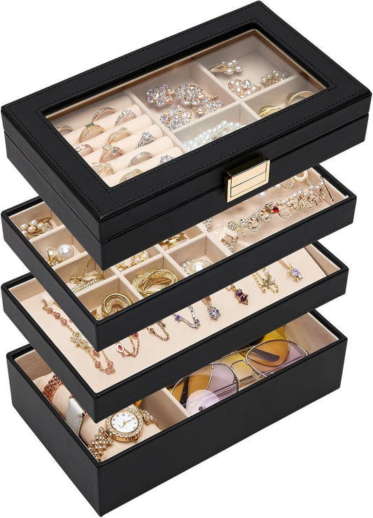 Homde Jewelry Tray Stackable Jewelry Box Drawer Organizer with Glass Lid, Removable Dividers for Vanity Table - Christmas Gift Idea for Girls and Women (Black)