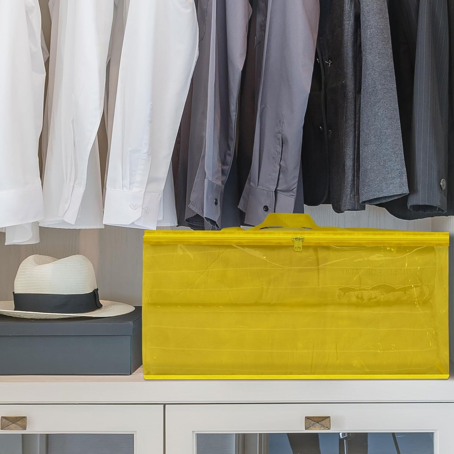 Vieshful 40L Yellow Clear Clothes Storage Bag Colorful Clothes Organizer with Zipper Vinyl Storage Bag for Comforter, Blanket, Bedding, Duvet, Transparent Moving Totes 3 Pack