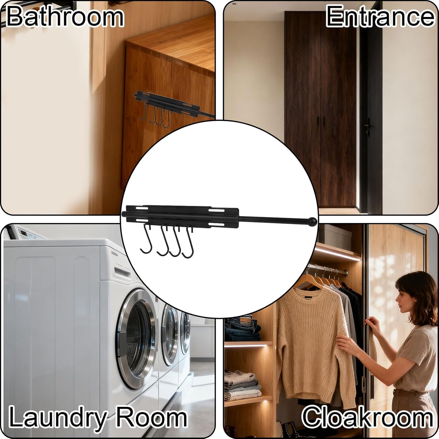 Valet Rod for Closet, Carbon Steel Extending Closet Valet Rod with 4 Hooks & Installation Hardware Heavy Duty Pull Out Hanger Bar Rack Accessories for Hanging Clothes Bathroom Laundry (Black)