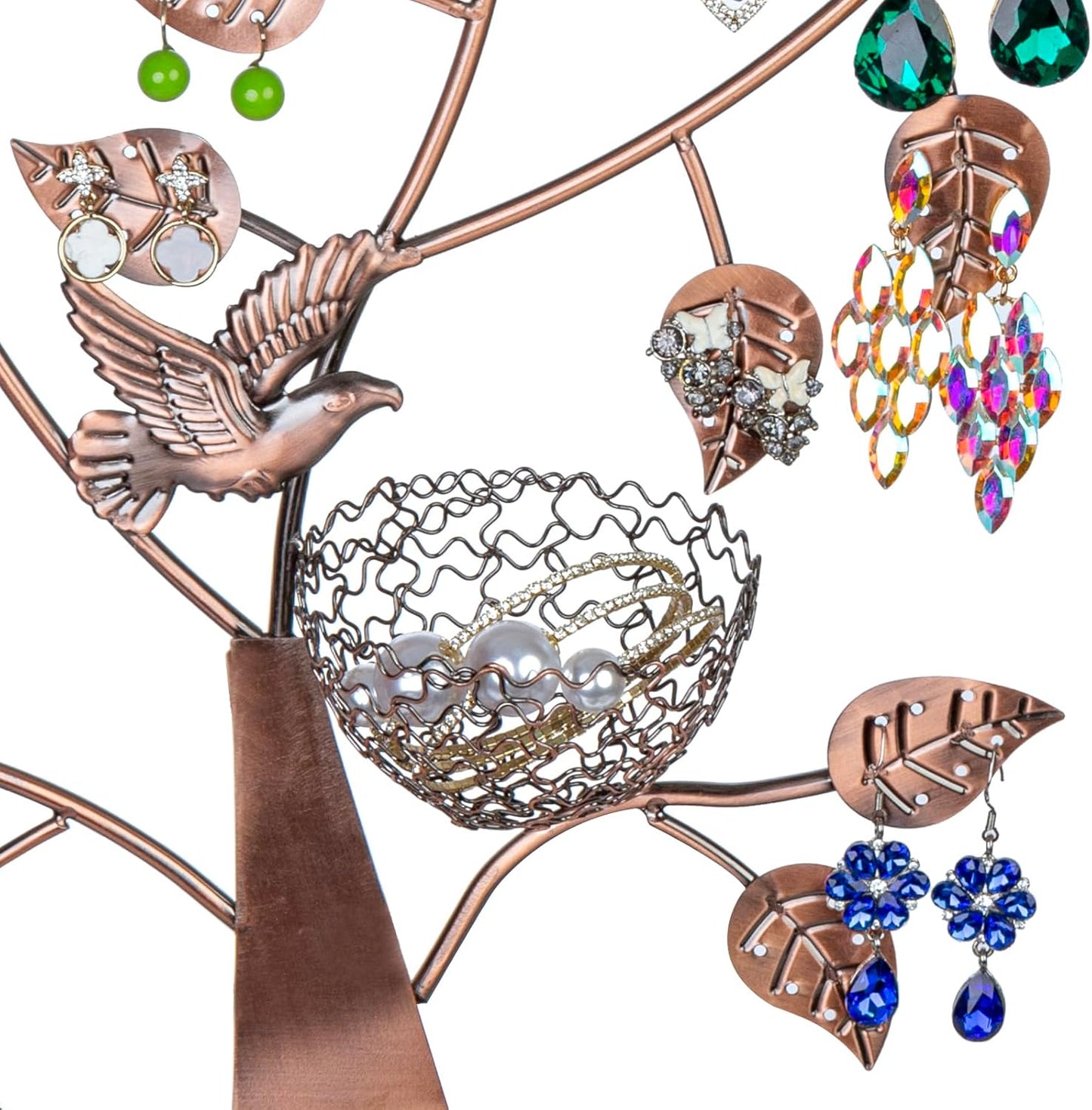MyGift 14-Inch Modern Bronze Jewelry Organizer Tree with Bird Nest – Holds 48 Earrings, Necklace & Bracelet Stand, Metal Tabletop Display for Rings, Trinkets – Decorative Storage for Home Décor