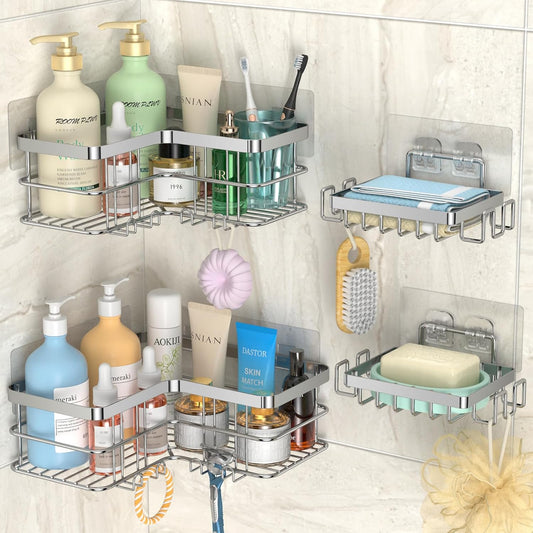 Yazoni Corner Shower Caddy, 4-Pack Adhesive Shower Shelves with Soap Holder No Drilling, Rustproof Bathroom Shower Organizer Storage, Silver