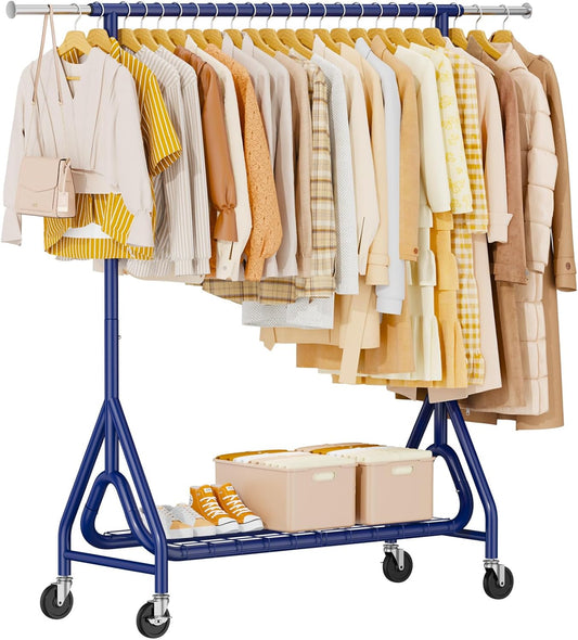 Heavy Duty Clothing Rack, Metal Clothes Rack Load 450 LBS, Rolling Coat Racks for Hanging Clothes with Lockable Wheels, Wardrobe Closet Garment Racks for Bedroom, Navy Blue