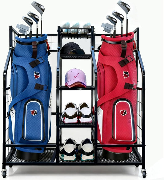 Golf Bag Storage Organizer Stand - Heavy Duty Steel Rack Holds 2 Golf Bags with Central Storage Shelf for Golf Balls, Shoes & Accessories, Space Saving Garage Golf Club Equipment Holder