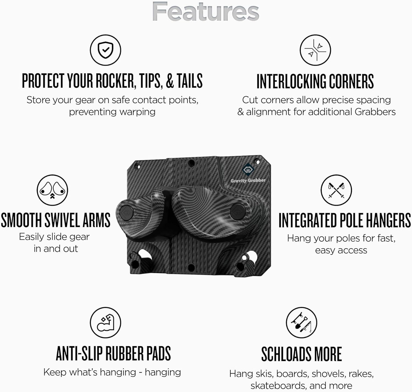 Gravity Grabber - Ultimate Ski & Snowboard Wall Rack | Secure, Non-Slip Storage | Fits Any Ski/Board | Garage Organization | Ski Storage Rack | Snowboard Storage Rack | Winter Gear Organizer | 2 Pck